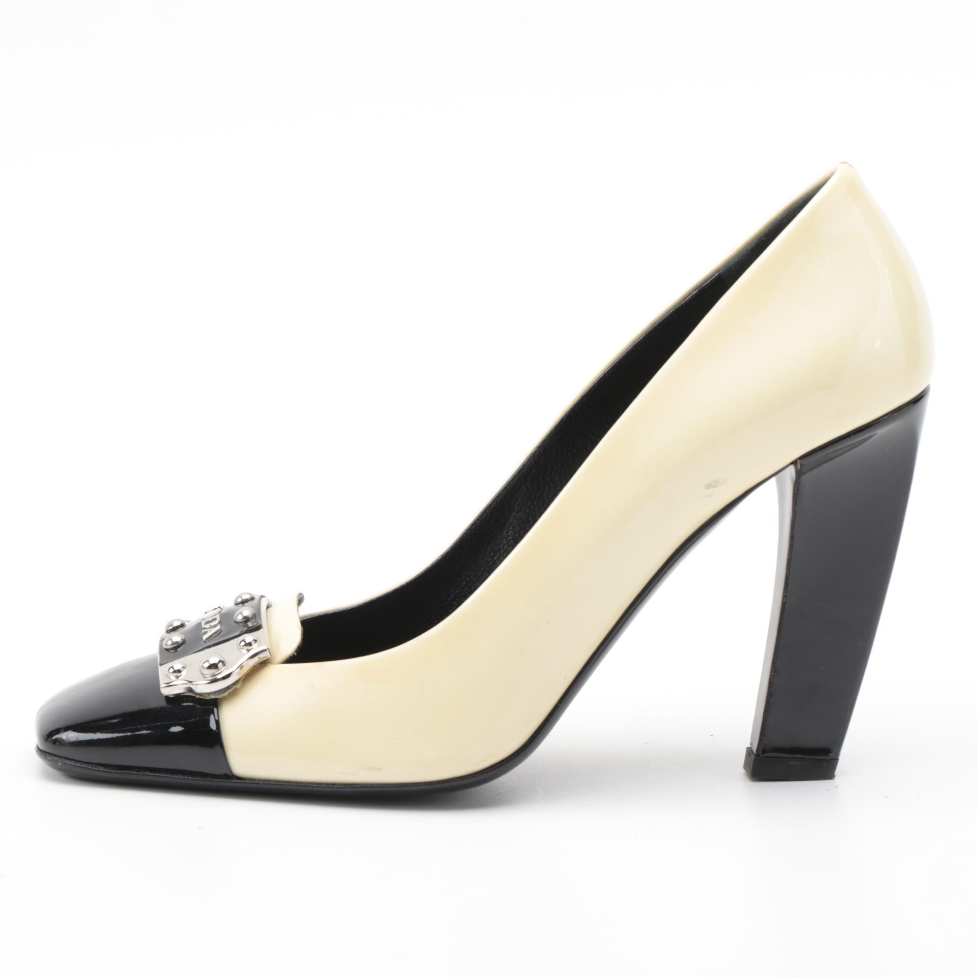 Prada Black and Pearlized Ivory Patent Leather Pumps
