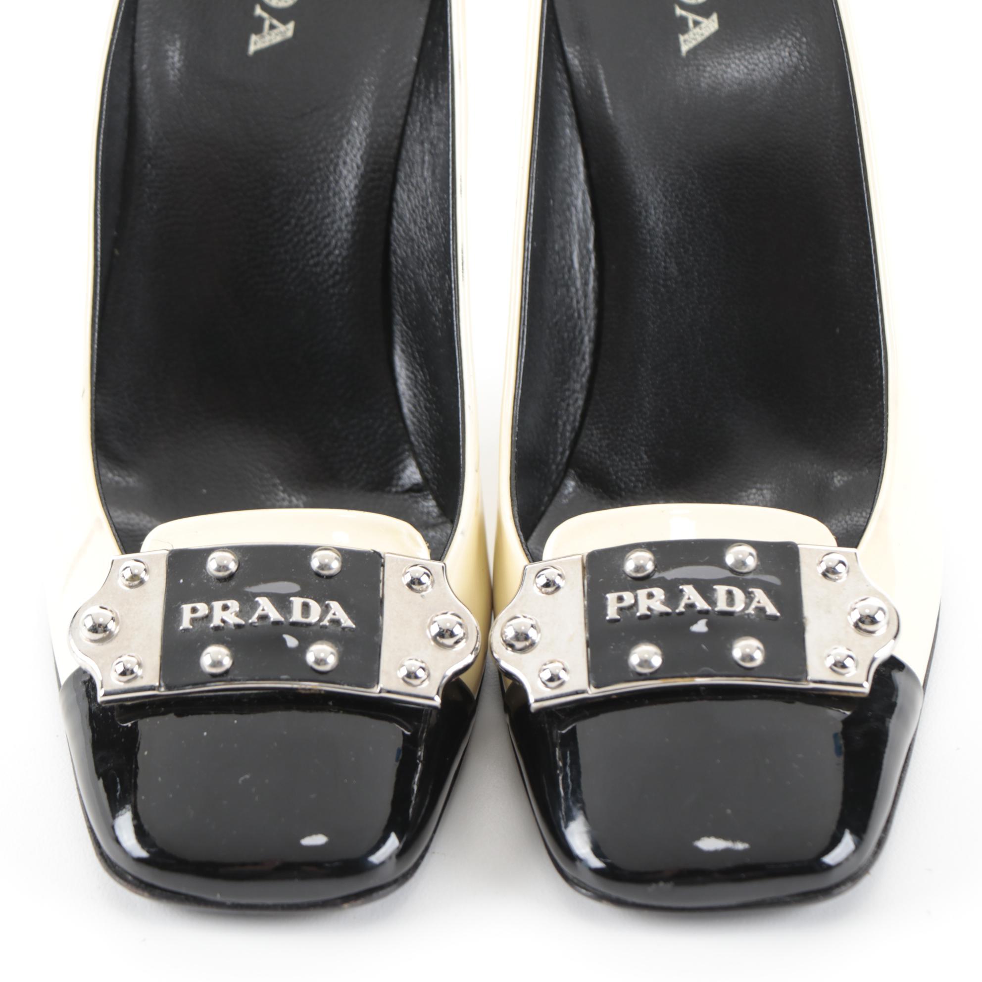 Prada Black and Pearlized Ivory Patent Leather Pumps