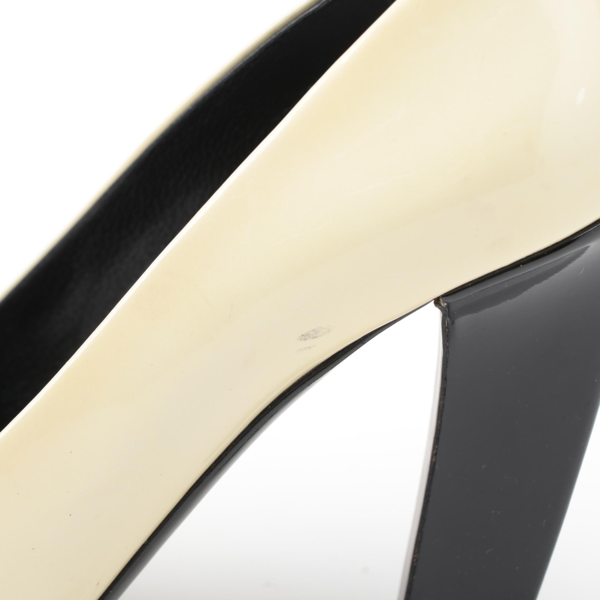 Prada Black and Pearlized Ivory Patent Leather Pumps