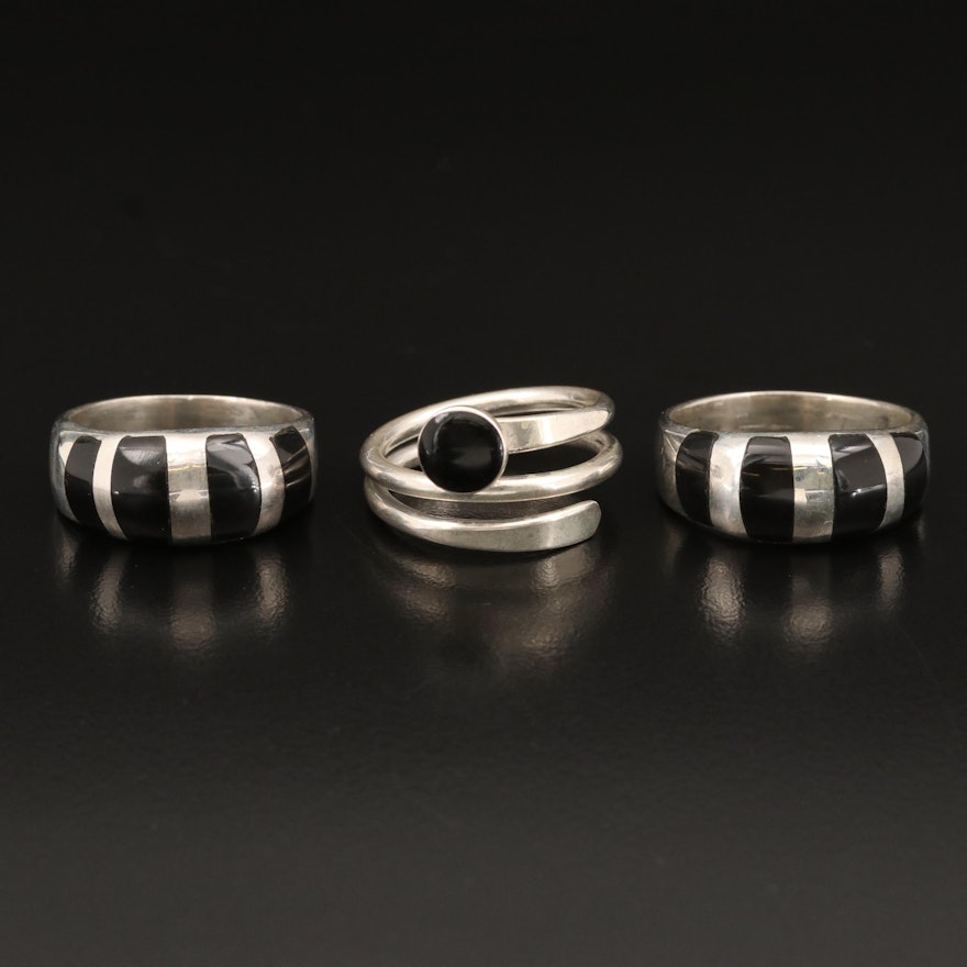 Sterling Rings Including Obsidian and Black Onyx