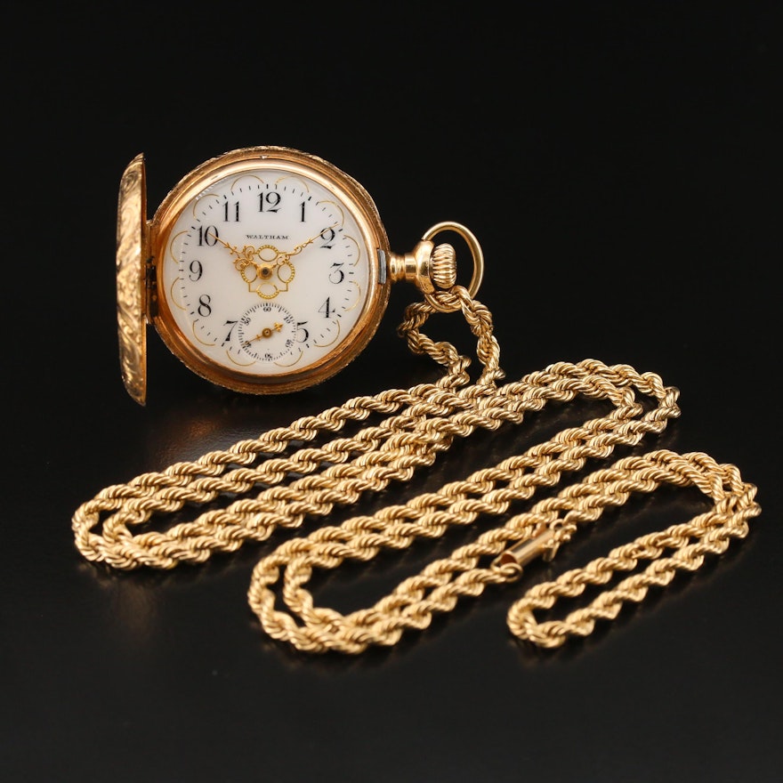 1900 Waltham 14K Gold Hunting Case Pocket Watch and Chain Fob