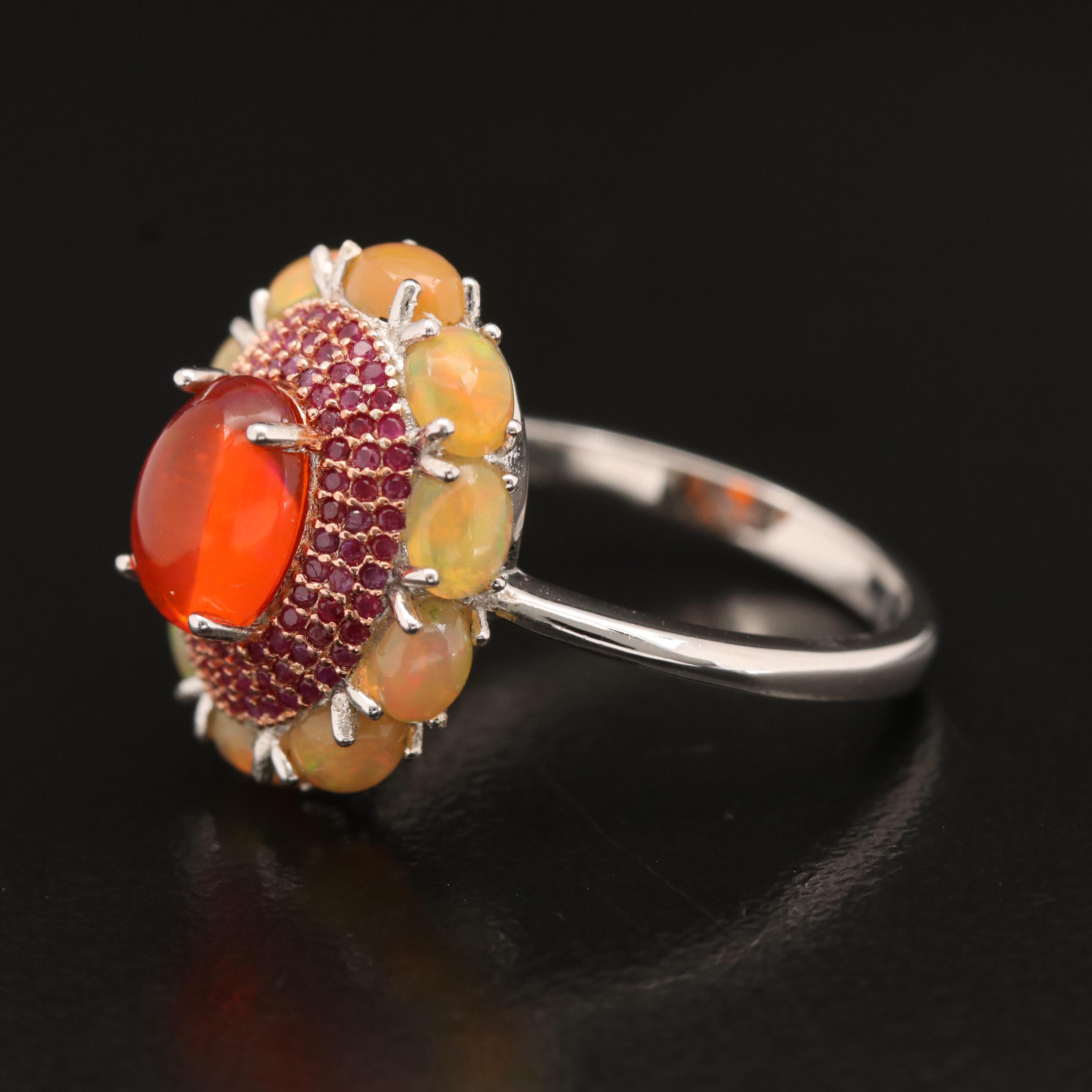 Sterling Opal and Ruby Ring