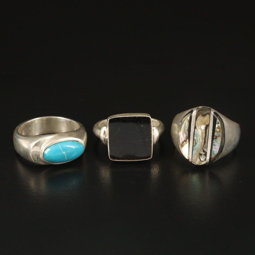 Sterling Abalone, Black Onyx and Turquoise Inlay Rings