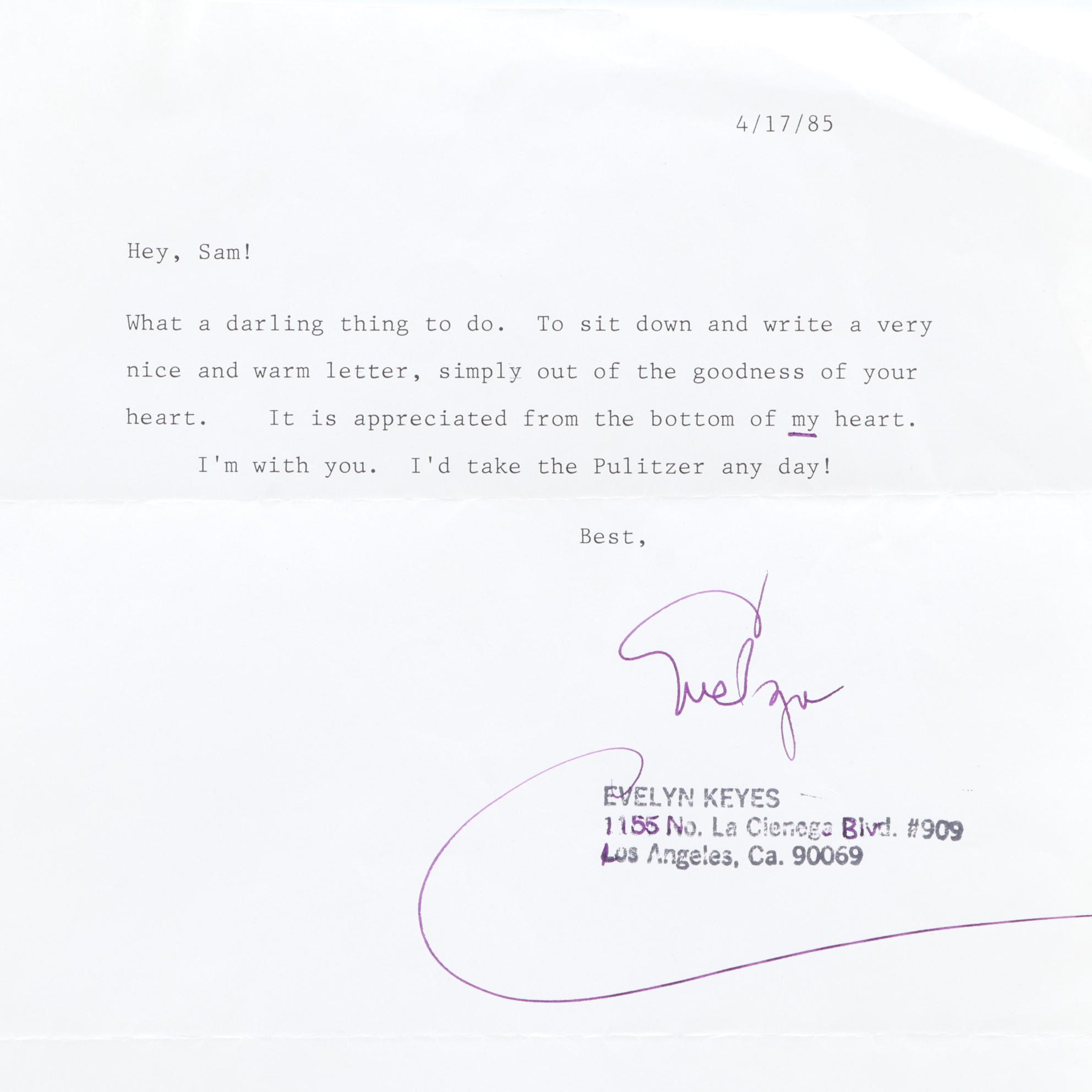 Actress Evelyn Keyes Typed and Signed Letter to Samuel Marx, 1985