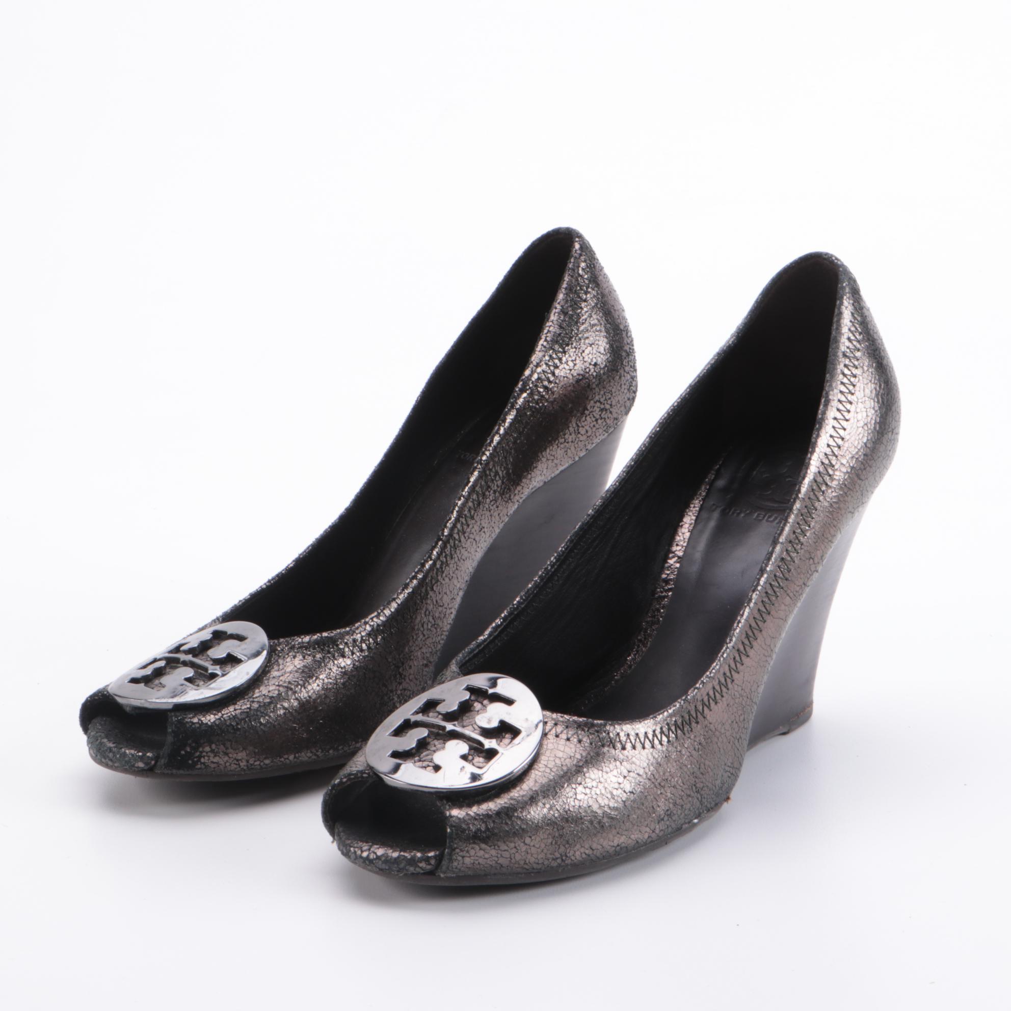 Tory Burch Leopard Print and Metallic Leather Wedges