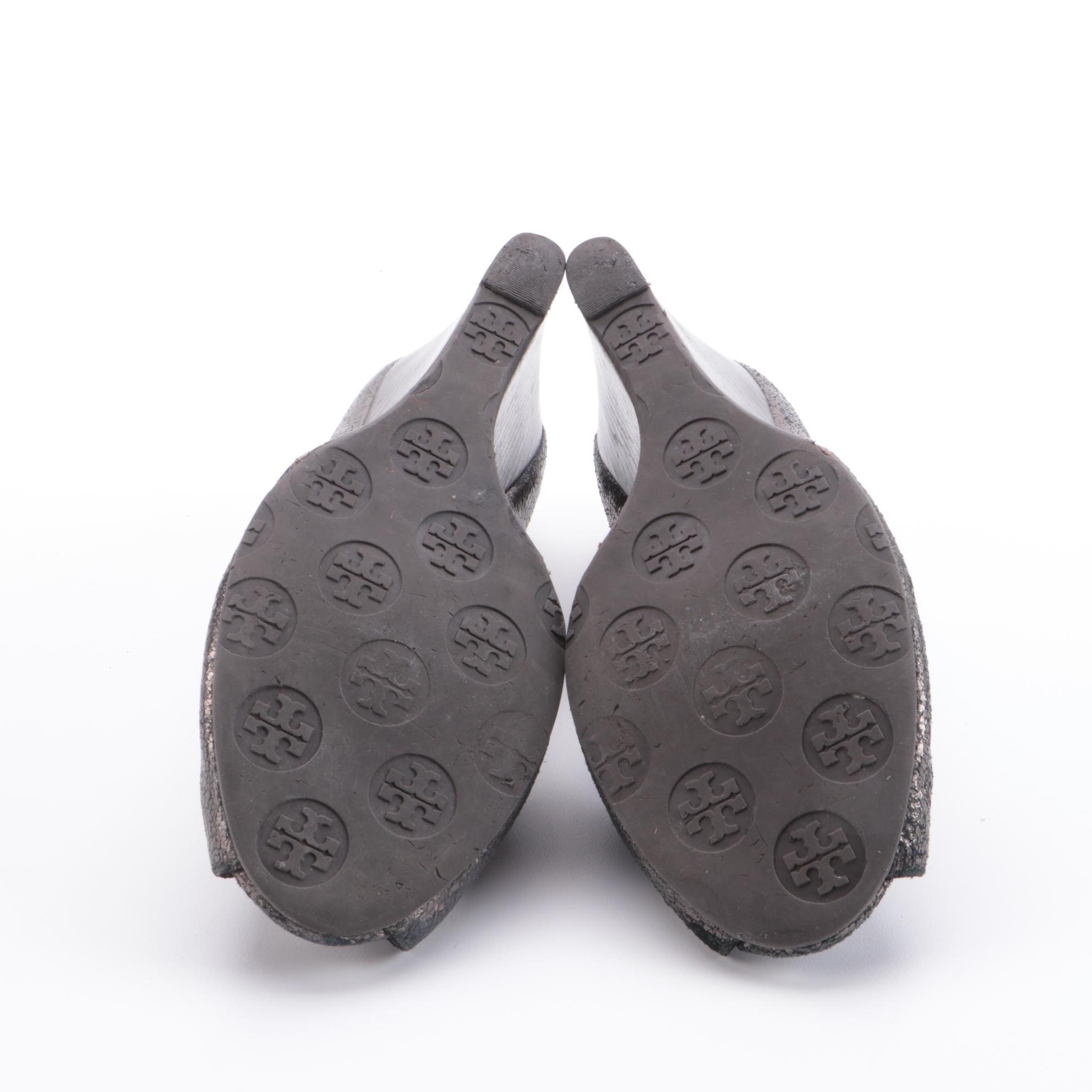 Tory Burch Leopard Print and Metallic Leather Wedges