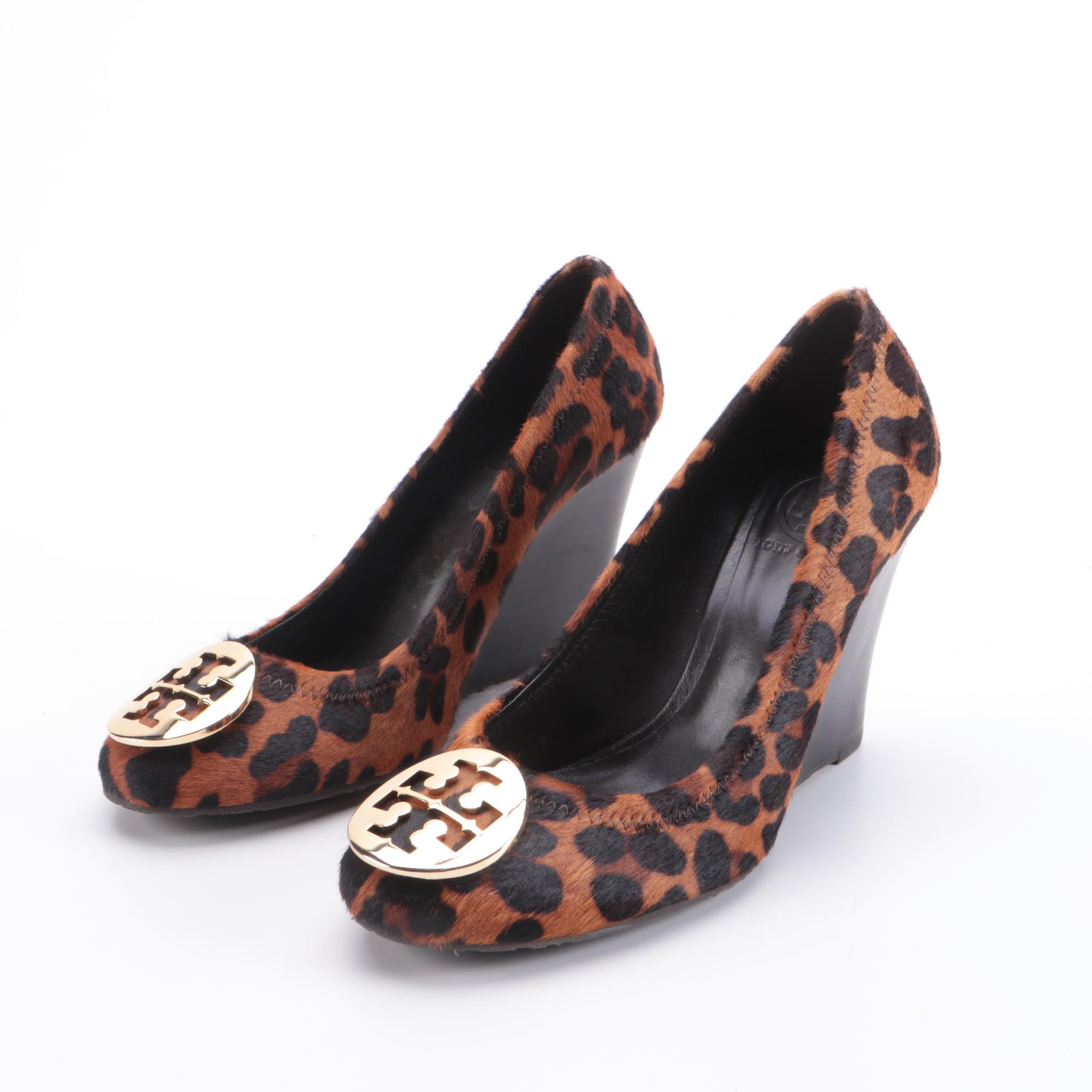 Tory Burch Leopard Print and Metallic Leather Wedges