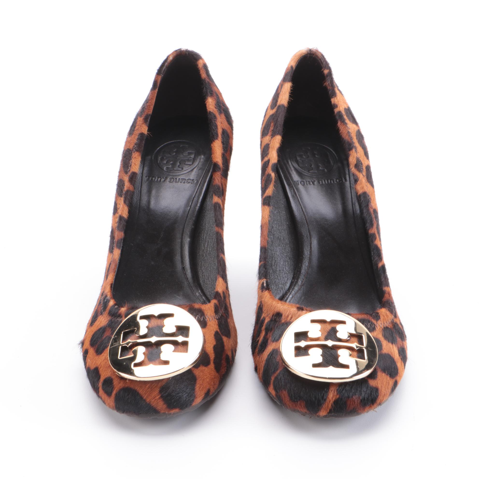 Tory Burch Leopard Print and Metallic Leather Wedges