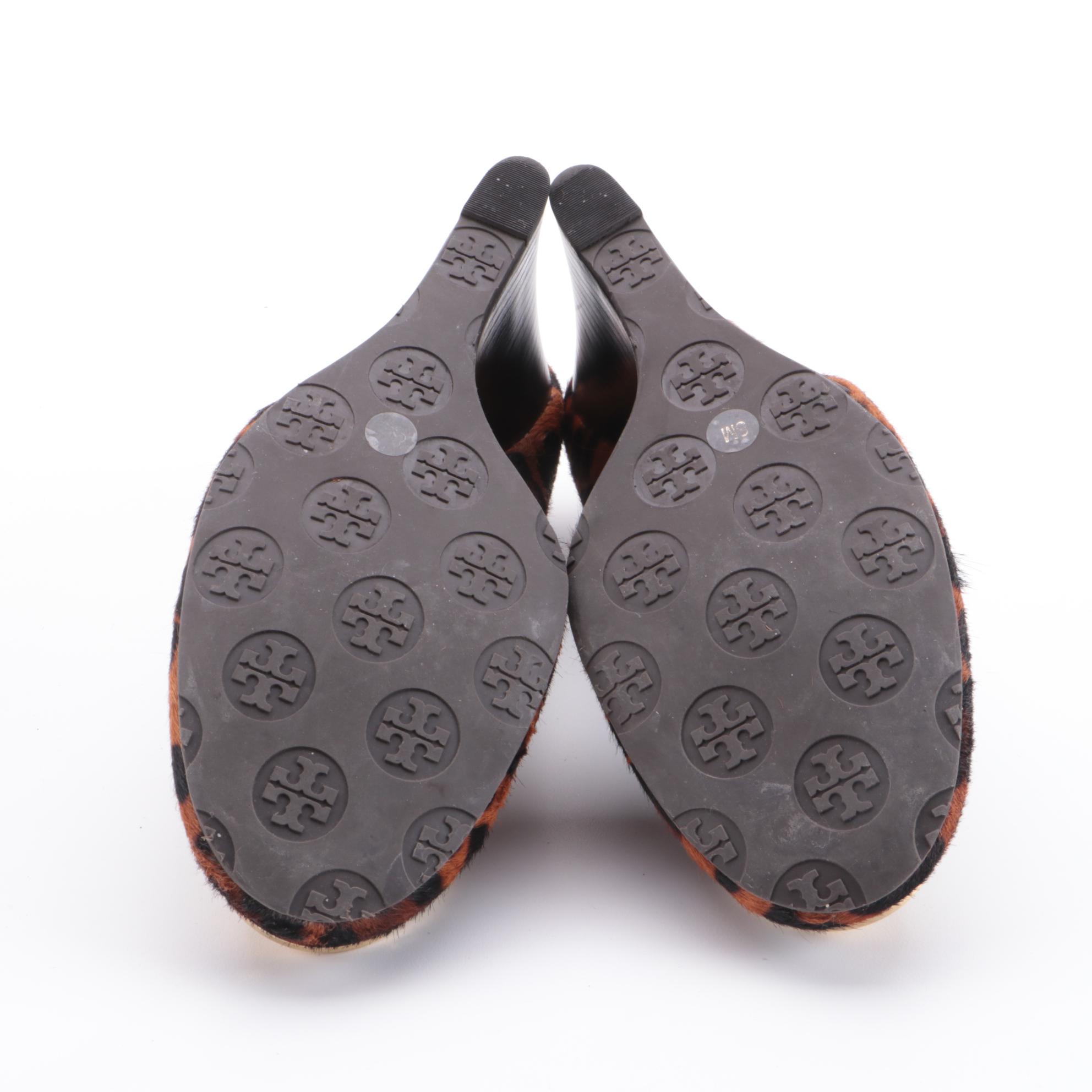 Tory Burch Leopard Print and Metallic Leather Wedges