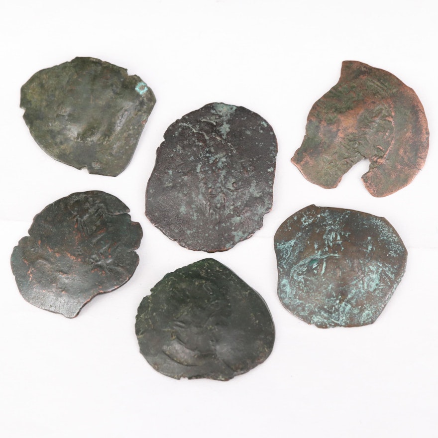 Six Ancient Byzantine Billon Aspron Trachy Coins, ca. 1100