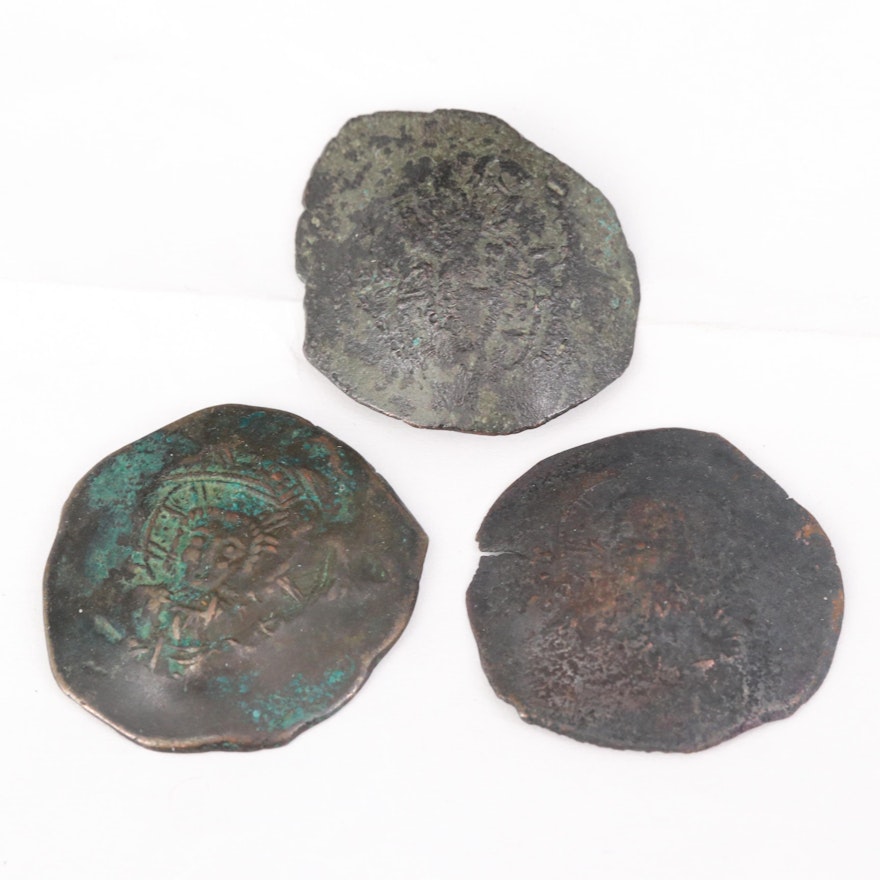 Three Byzantine Billon Aspron Trachy Coins of Alexius I, Comnenus, ca. 1195