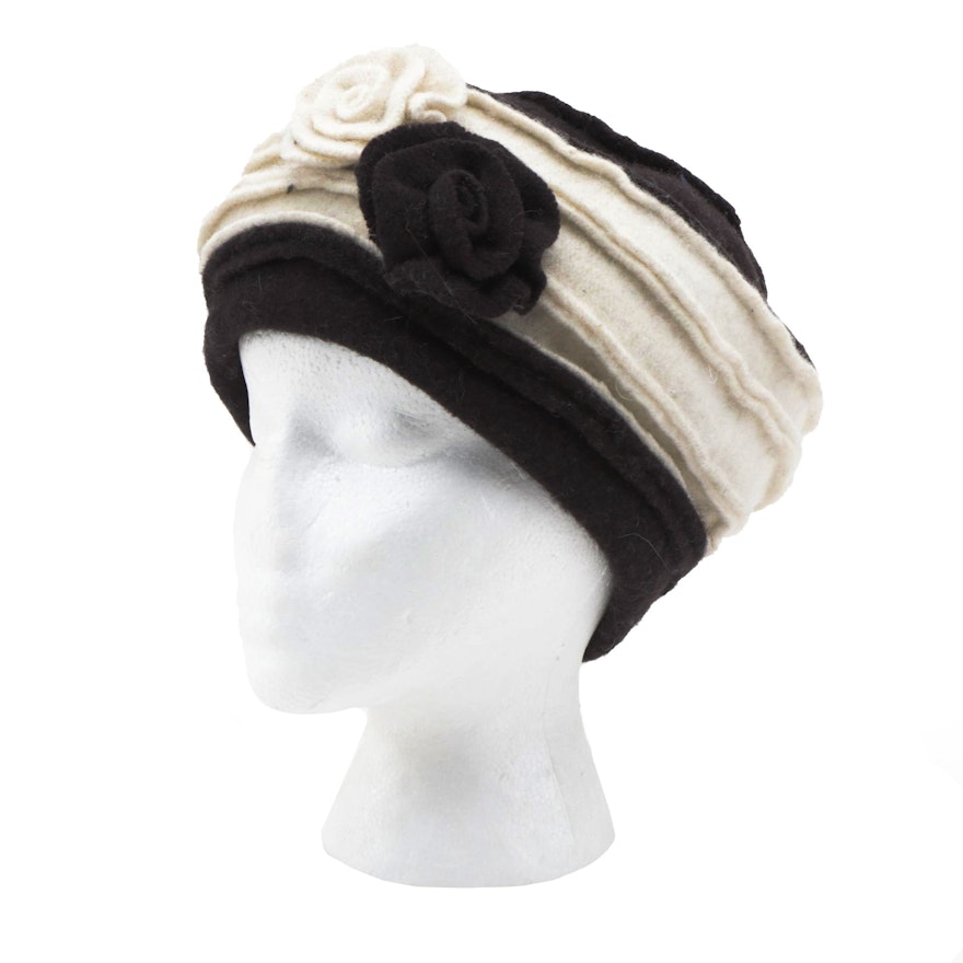 Handmade Brown and Cream-Colored Floral Woolen Hat