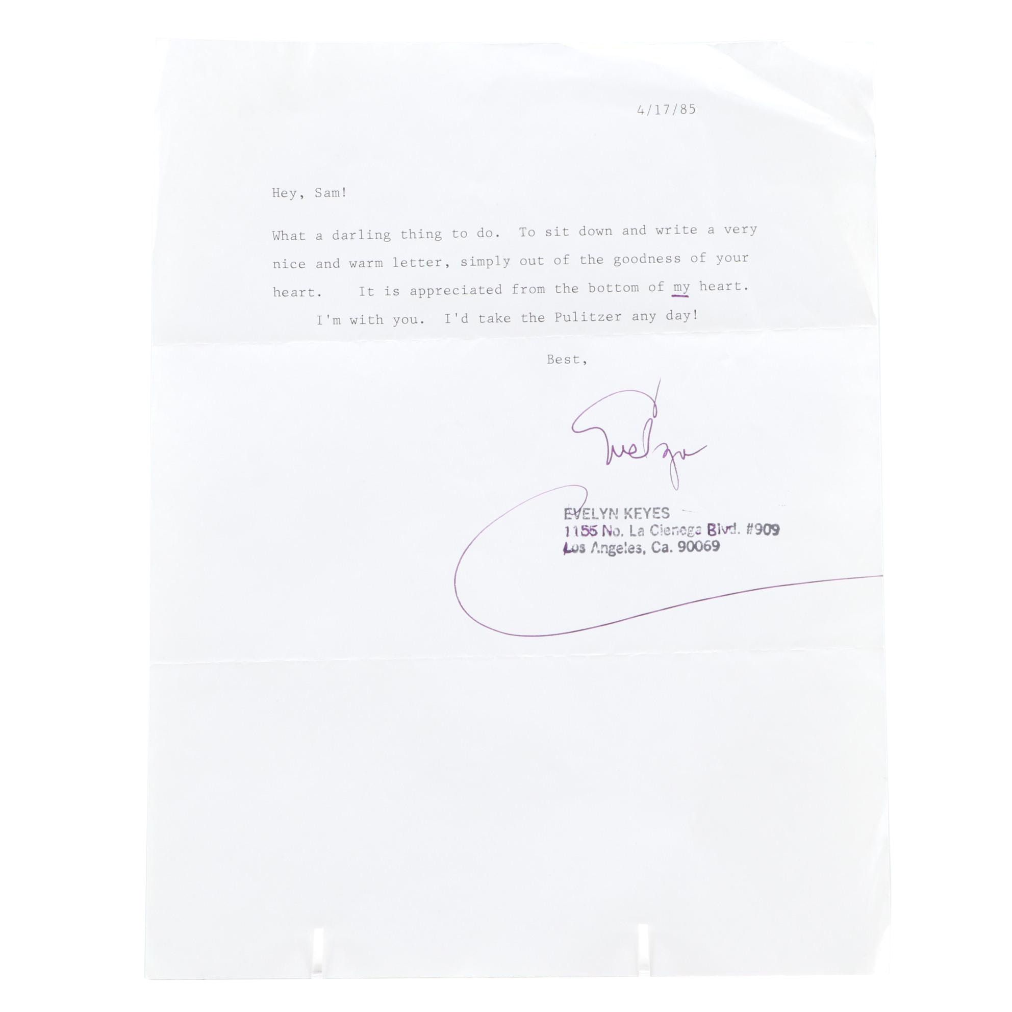 Actress Evelyn Keyes Typed and Signed Letter to Samuel Marx, 1985