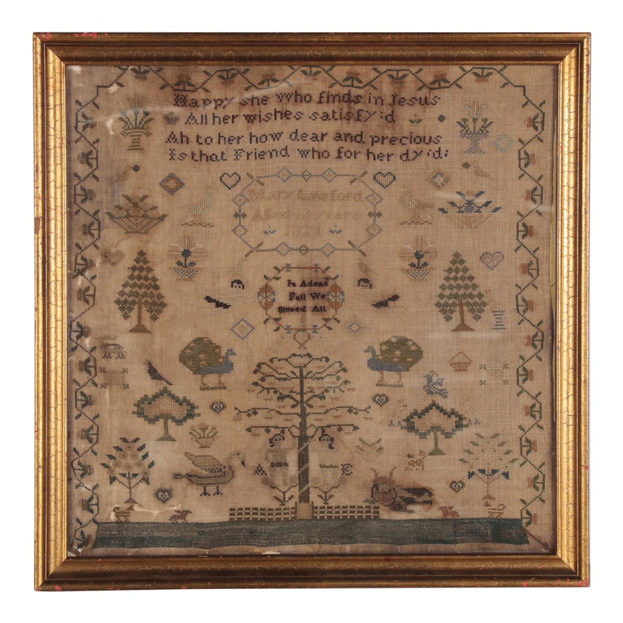 Mary Lawford Cross-Stitch Adam and Eve Needlework Sampler, 1821