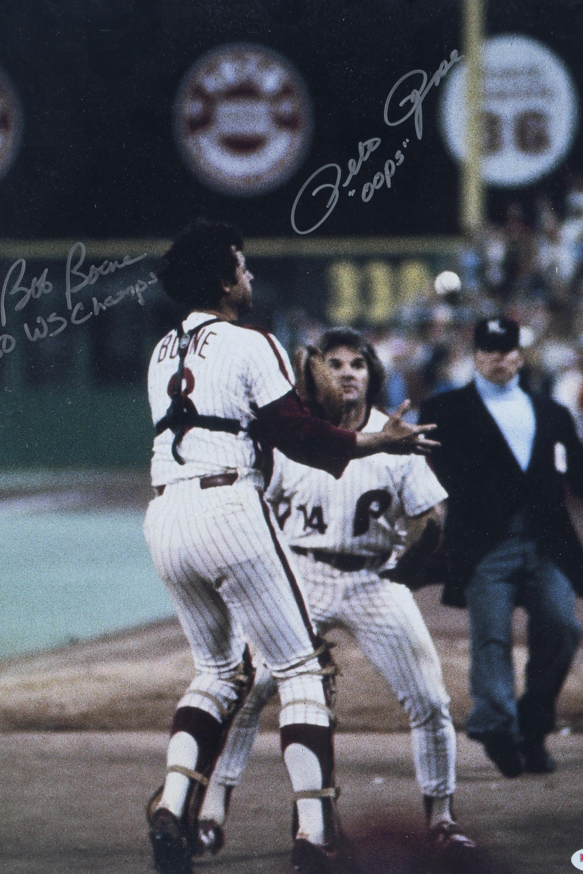 Pete Rose and Bob Boone Signed "1981 Oops" World Series Framed Photo Print, PSA