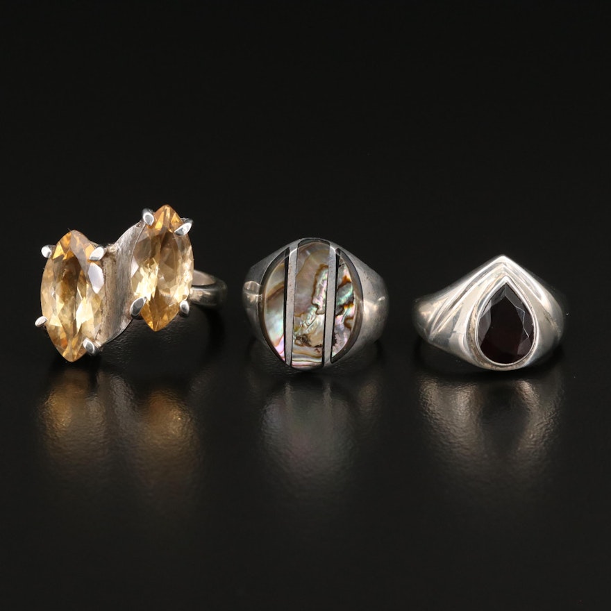 Sterling Rings Including Citrine, Garnet and Abalone