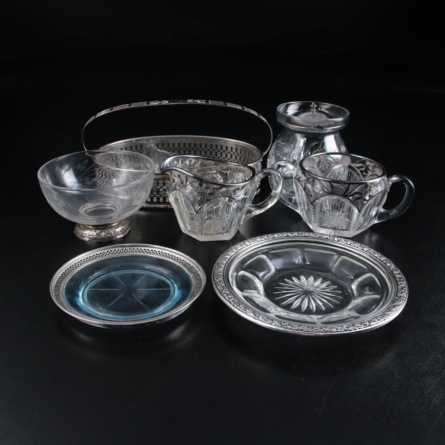 Frank M. Whiting & Co. Footed Bowl with Other Glass and Sterling Rimmed Pieces