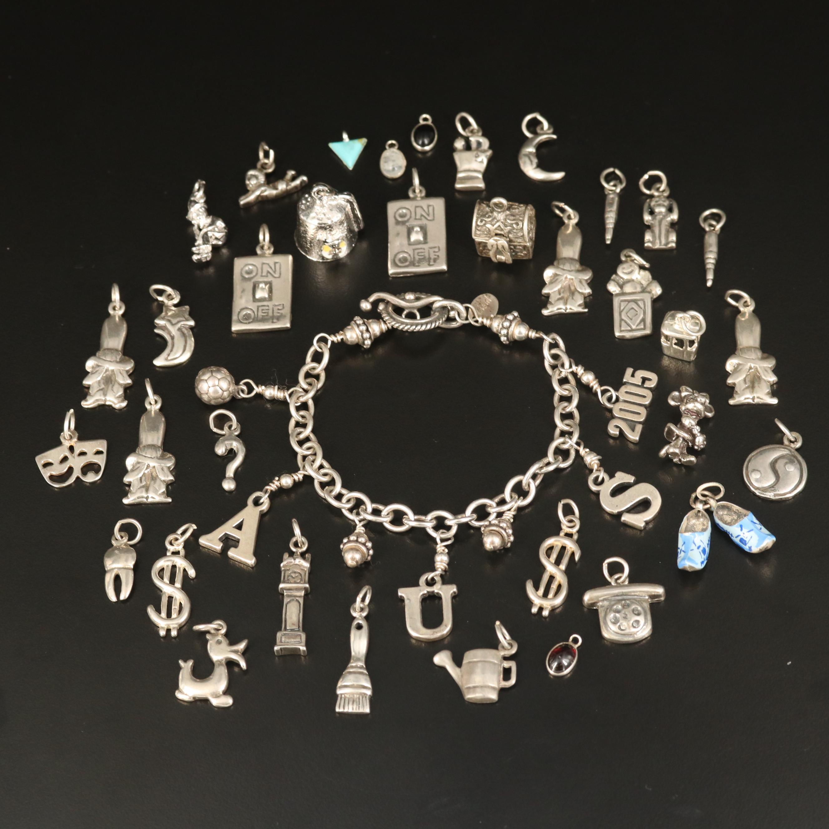 Sterling Charms and Charm Bracelet with Chest and Rainbow Moonstone