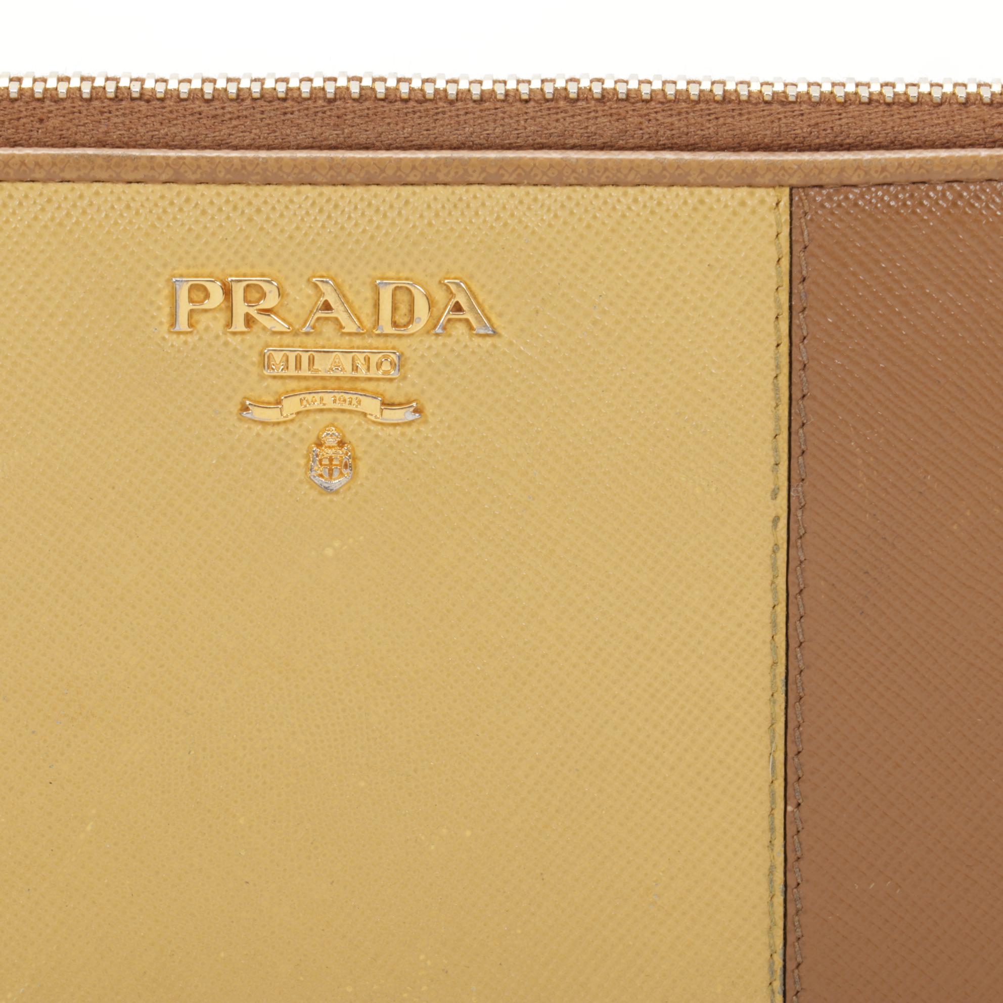 Prada Zip Wallet in Yellow and Tan Saffiano Leather