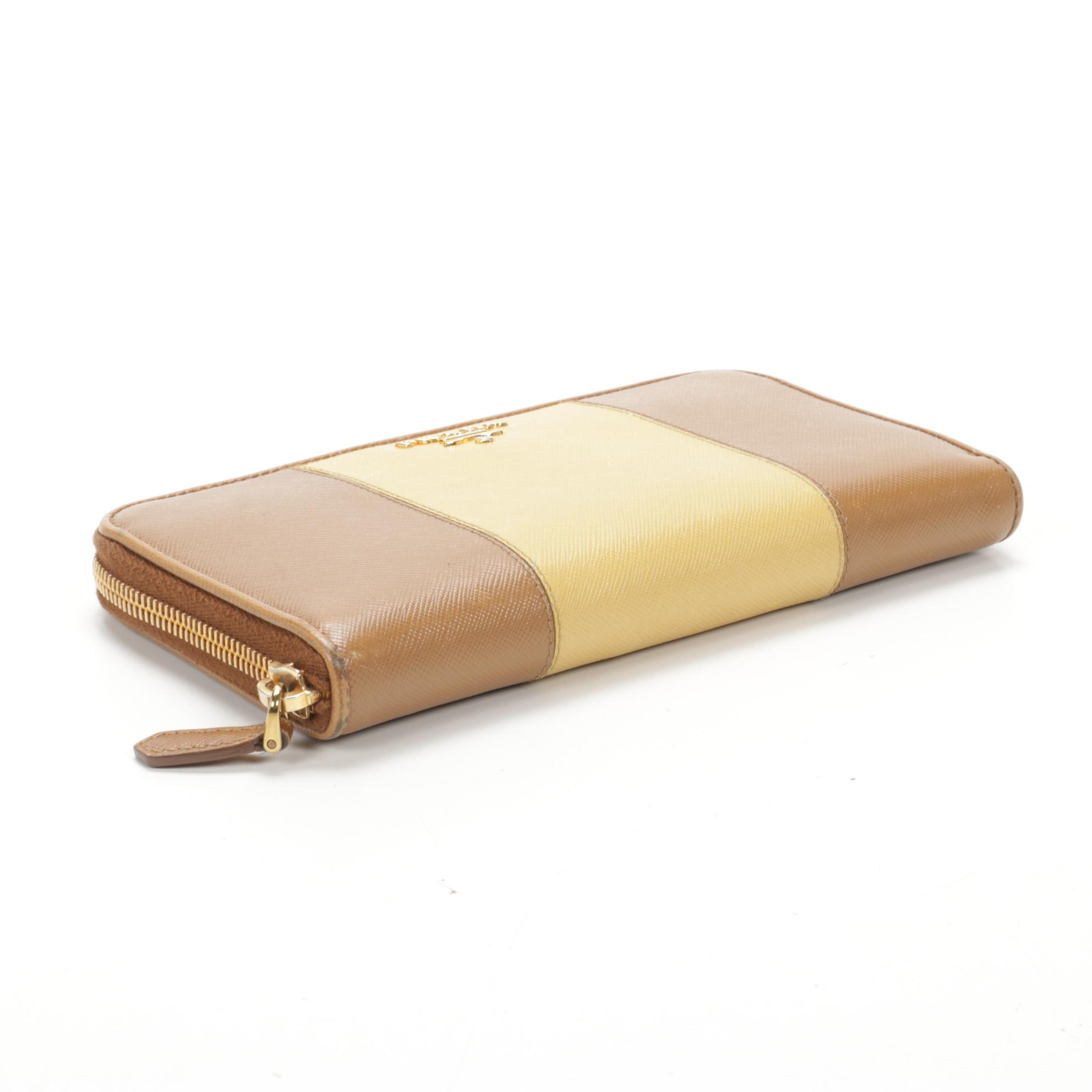 Prada Zip Wallet in Yellow and Tan Saffiano Leather