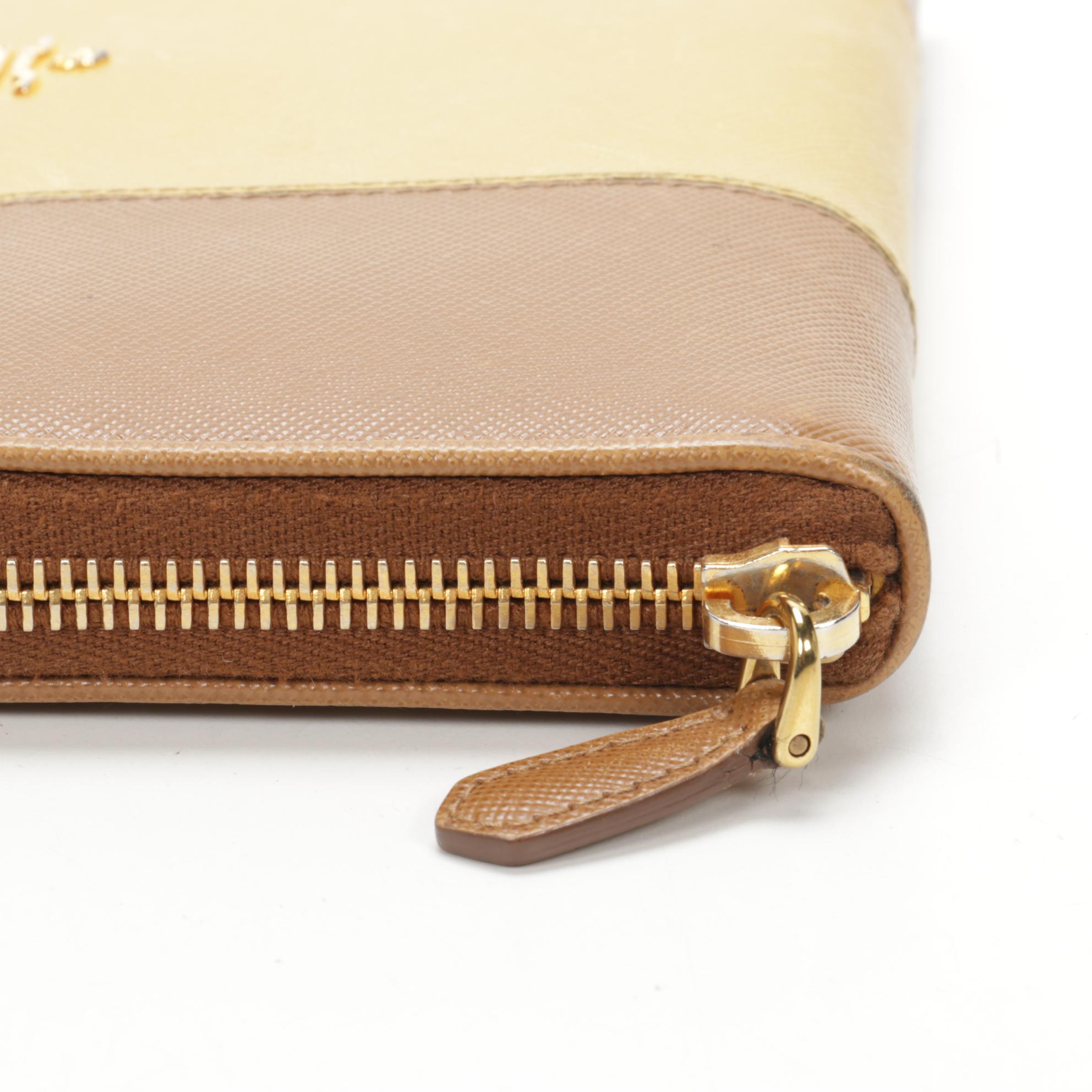 Prada Zip Wallet in Yellow and Tan Saffiano Leather