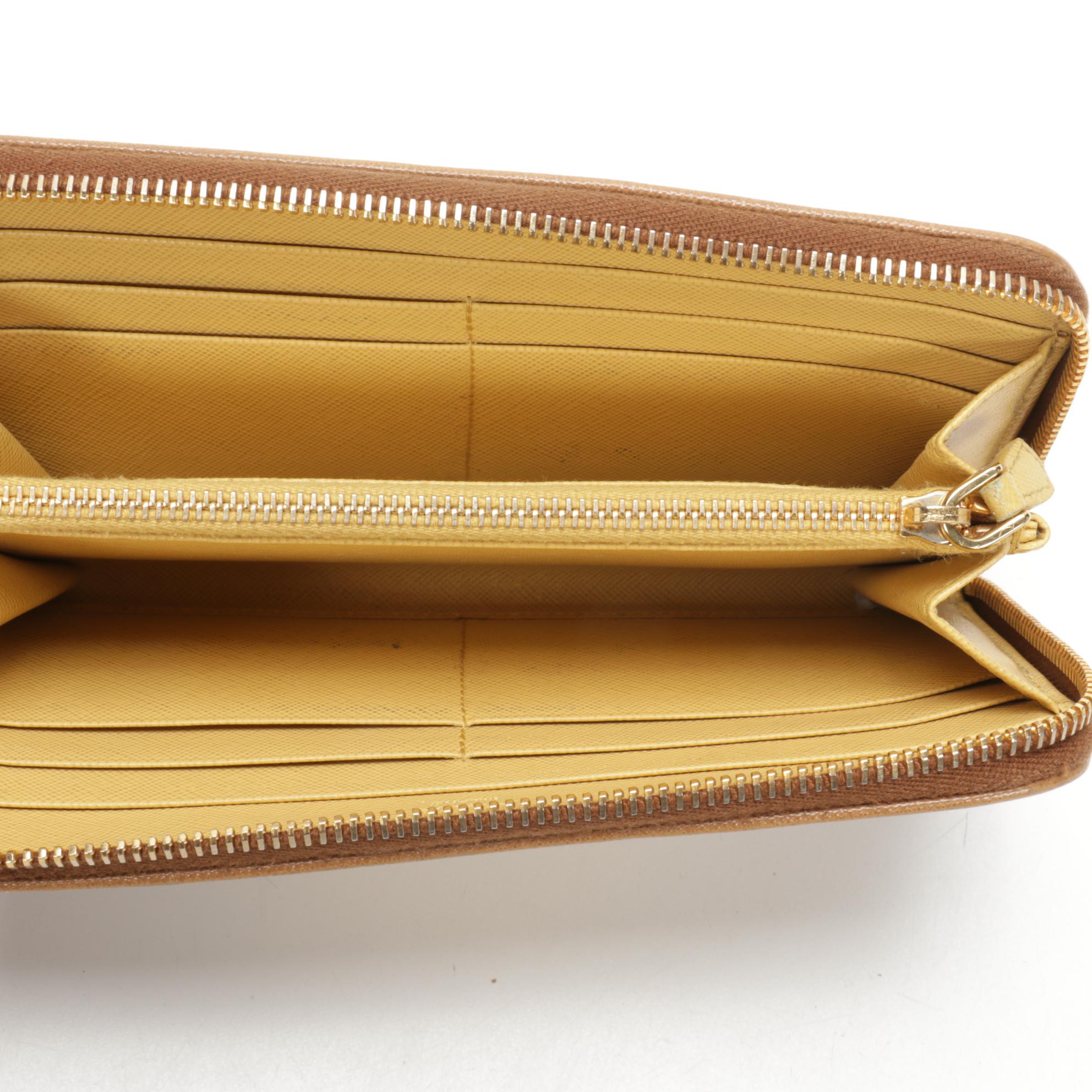 Prada Zip Wallet in Yellow and Tan Saffiano Leather