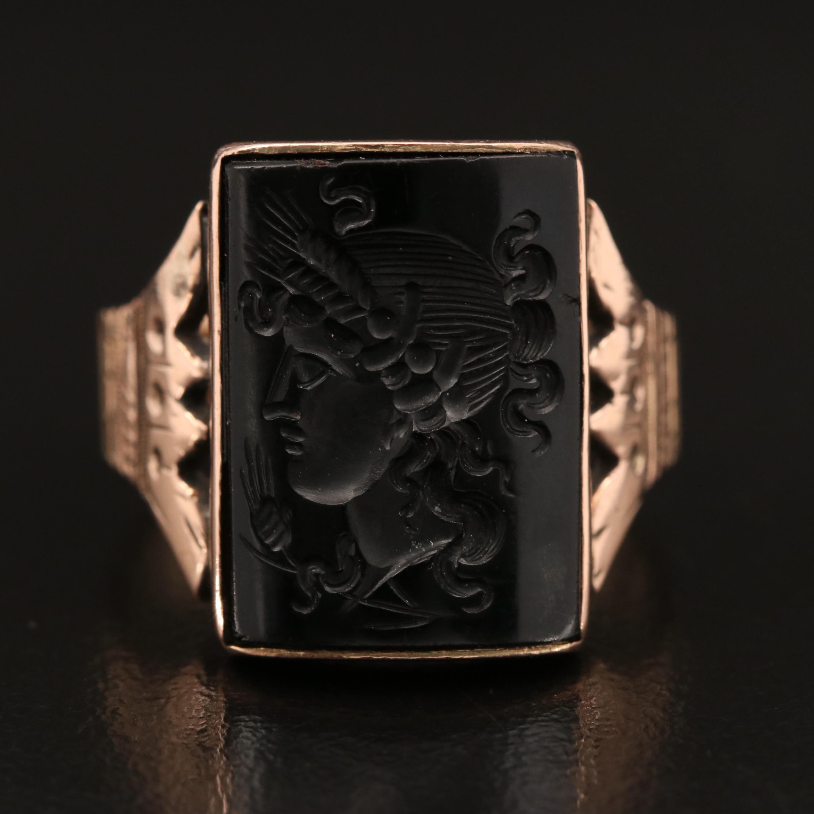 Mid Victorian Carved Black Onyx Intaglio Ring Depicting Goddess Ceres
