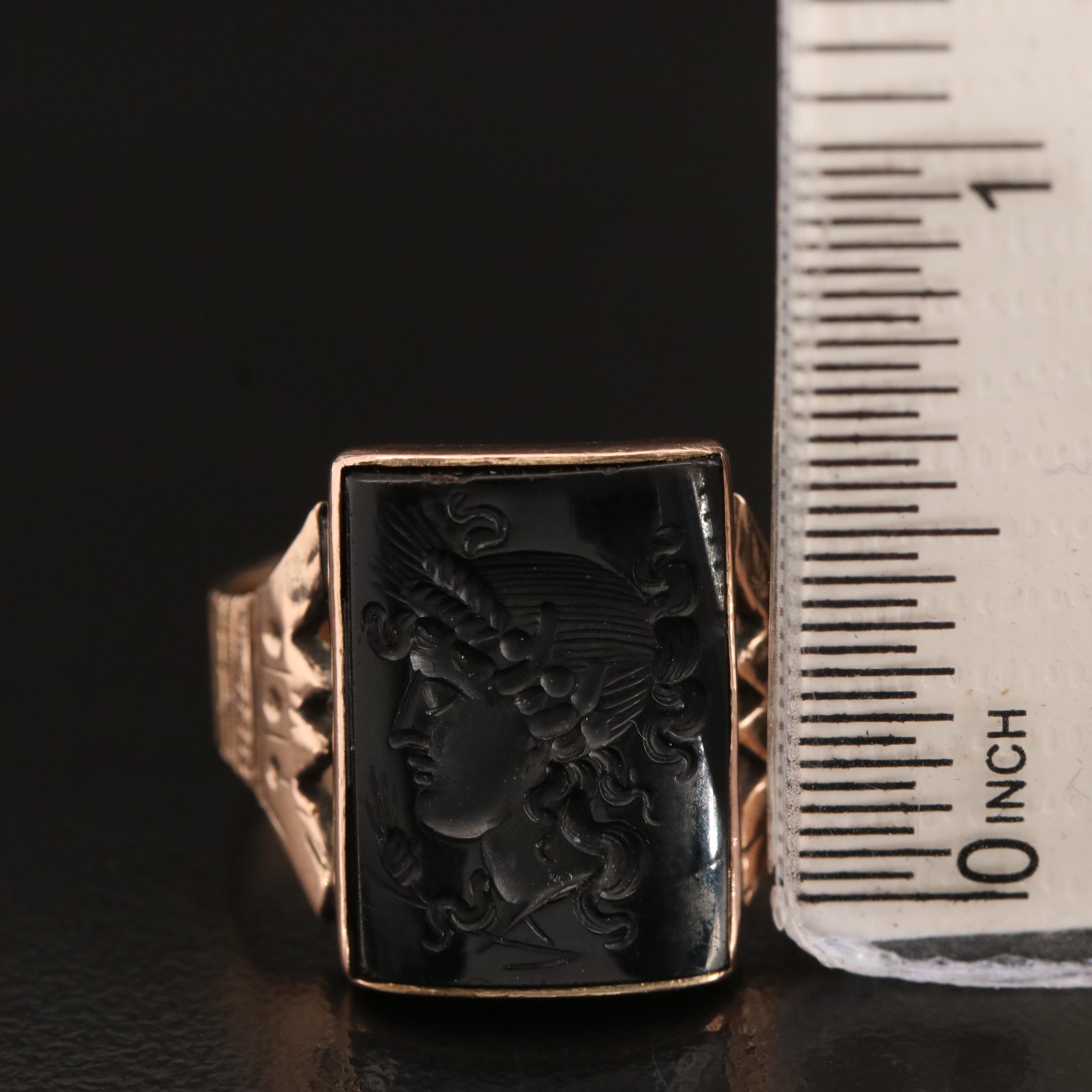 Mid Victorian Carved Black Onyx Intaglio Ring Depicting Goddess Ceres
