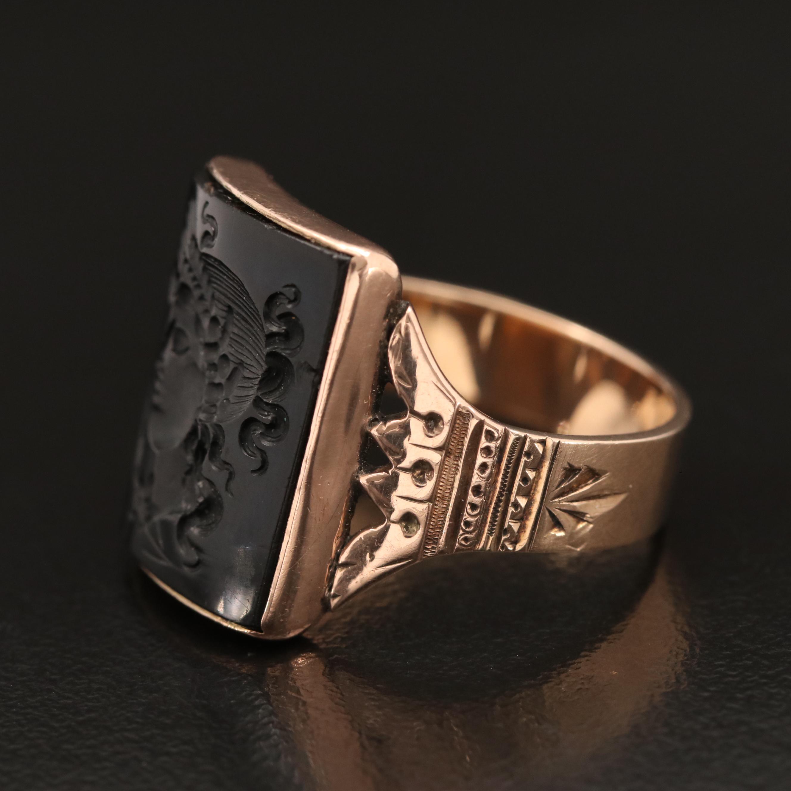 Mid Victorian Carved Black Onyx Intaglio Ring Depicting Goddess Ceres