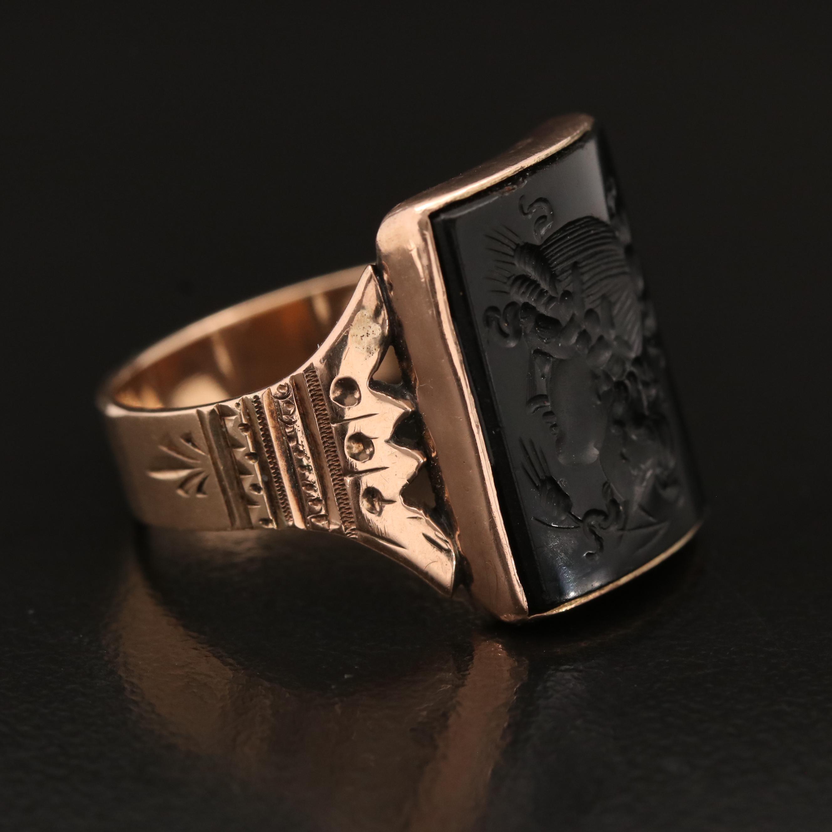 Mid Victorian Carved Black Onyx Intaglio Ring Depicting Goddess Ceres
