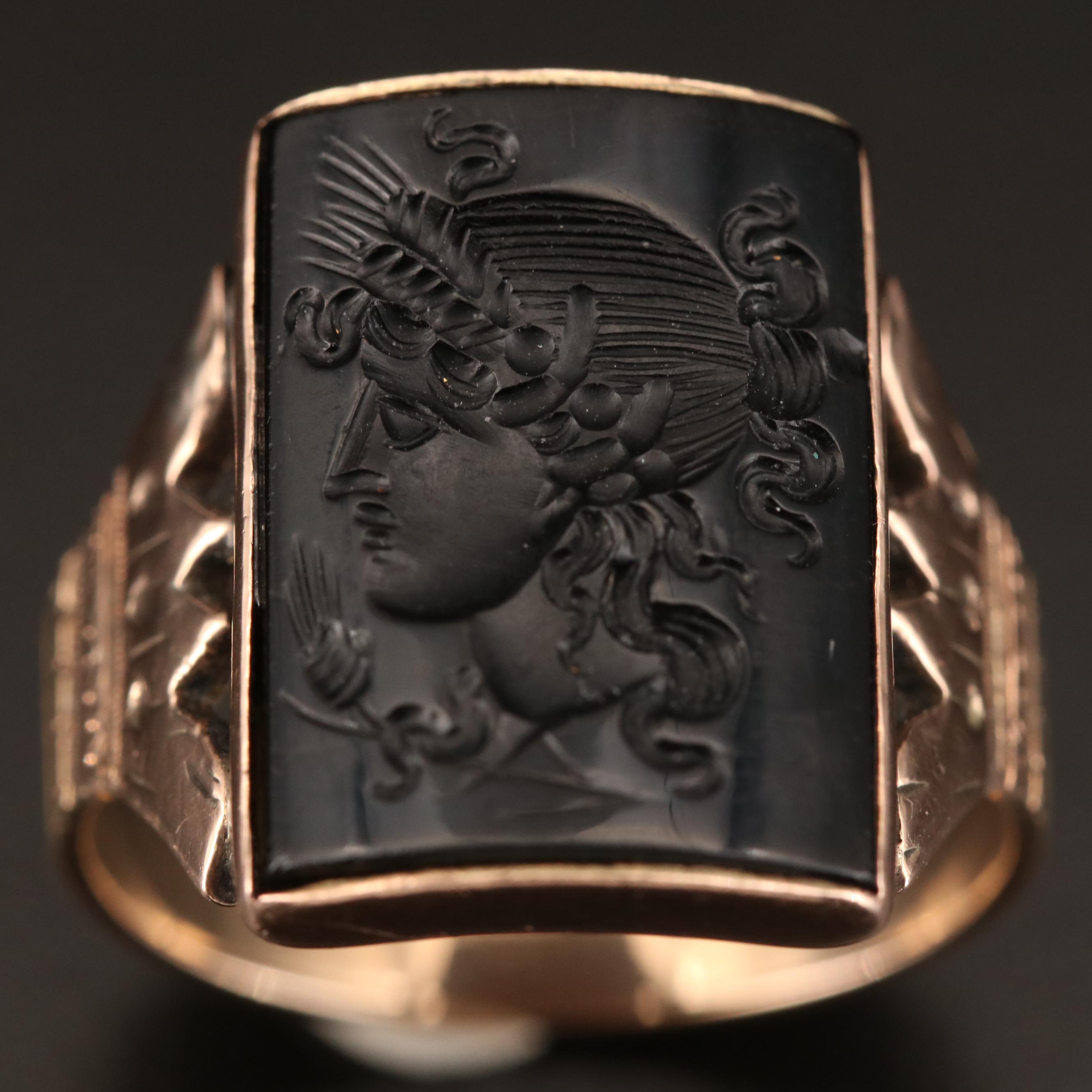 Mid Victorian Carved Black Onyx Intaglio Ring Depicting Goddess Ceres