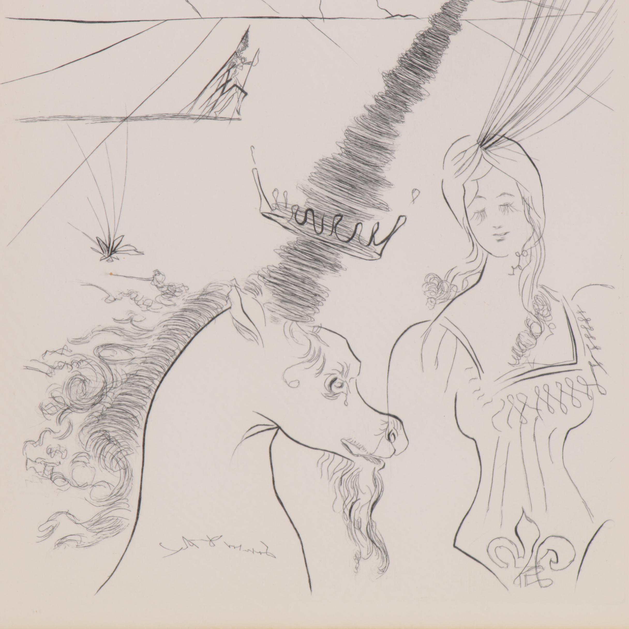 Salvador Dalí Second Edition Etching "The Lady and the Unicorn"