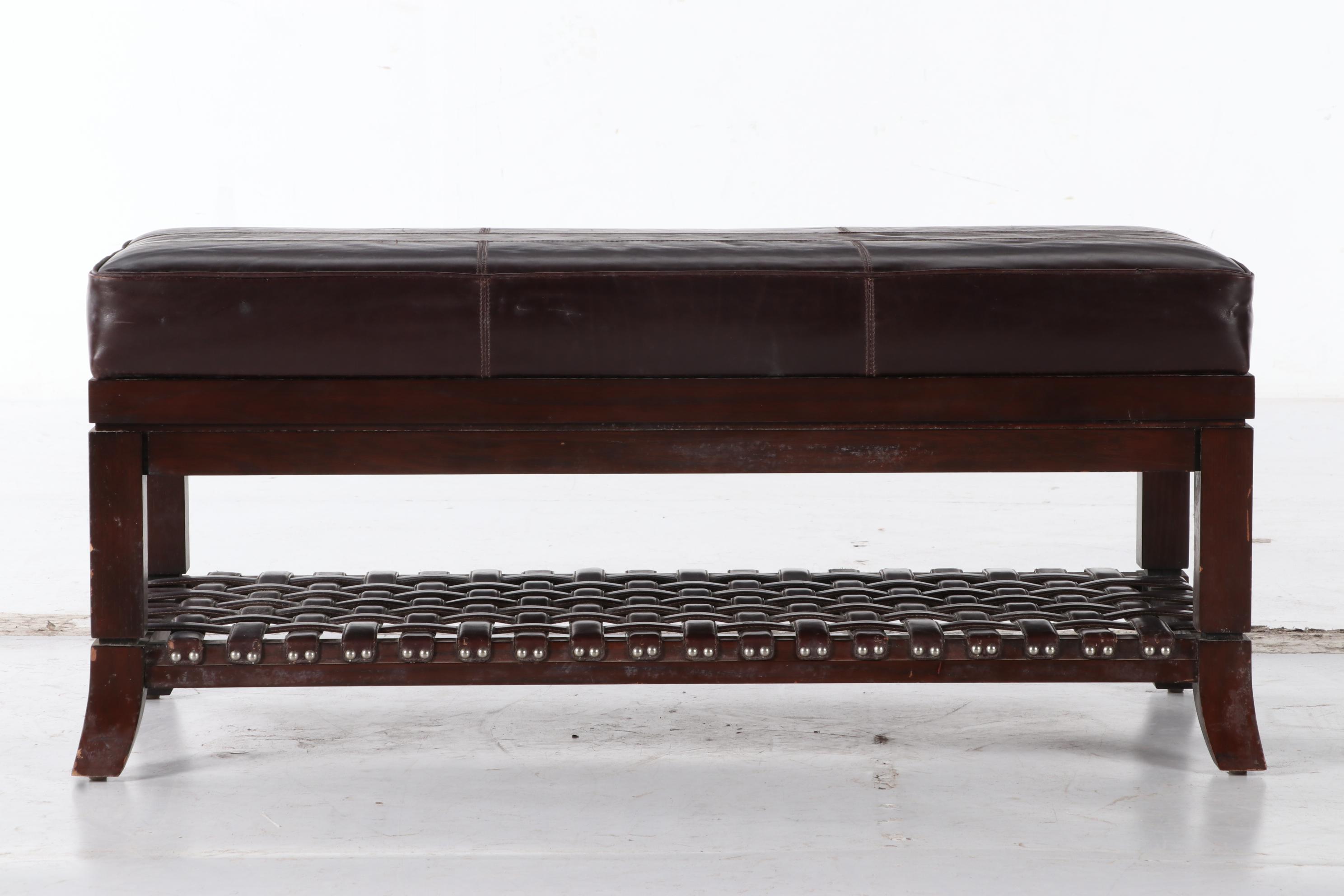 Eric Brand for Mulholland Brothers Hardwood and Brown Leather Two-Tier Bench