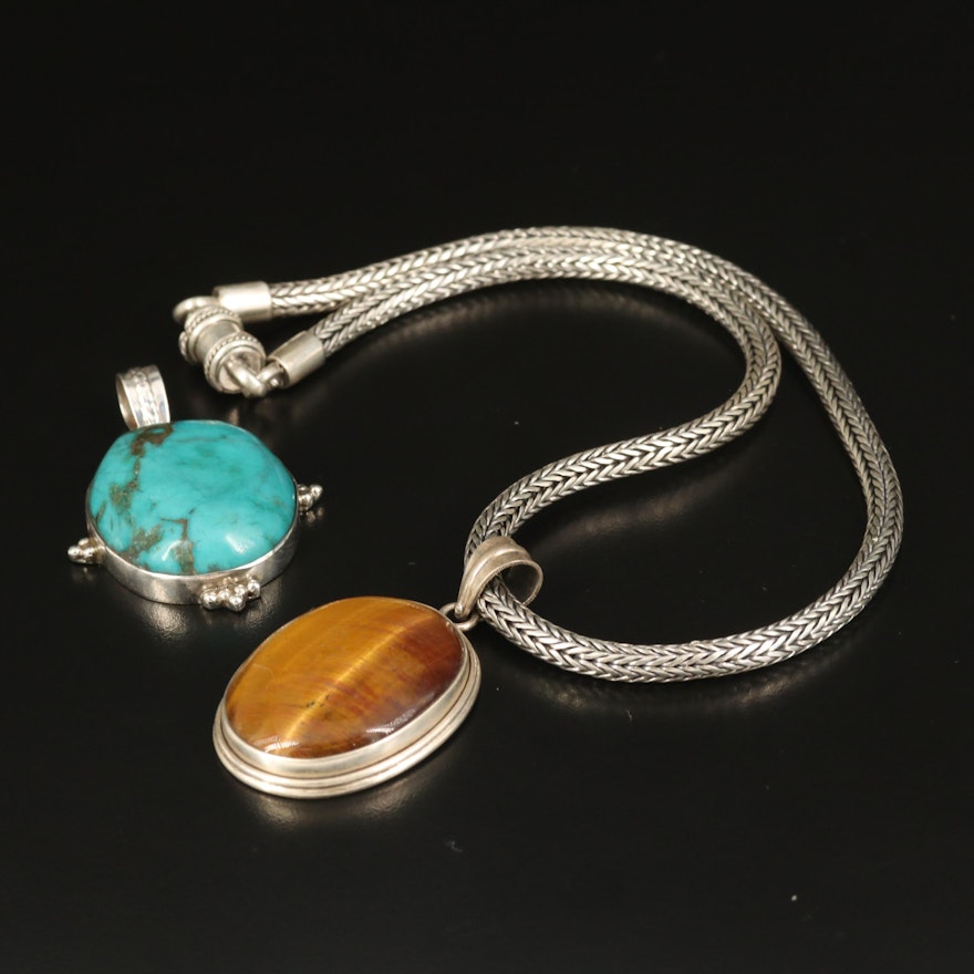 Sterling Tiger's Eye Necklace and Turquoise Pendant