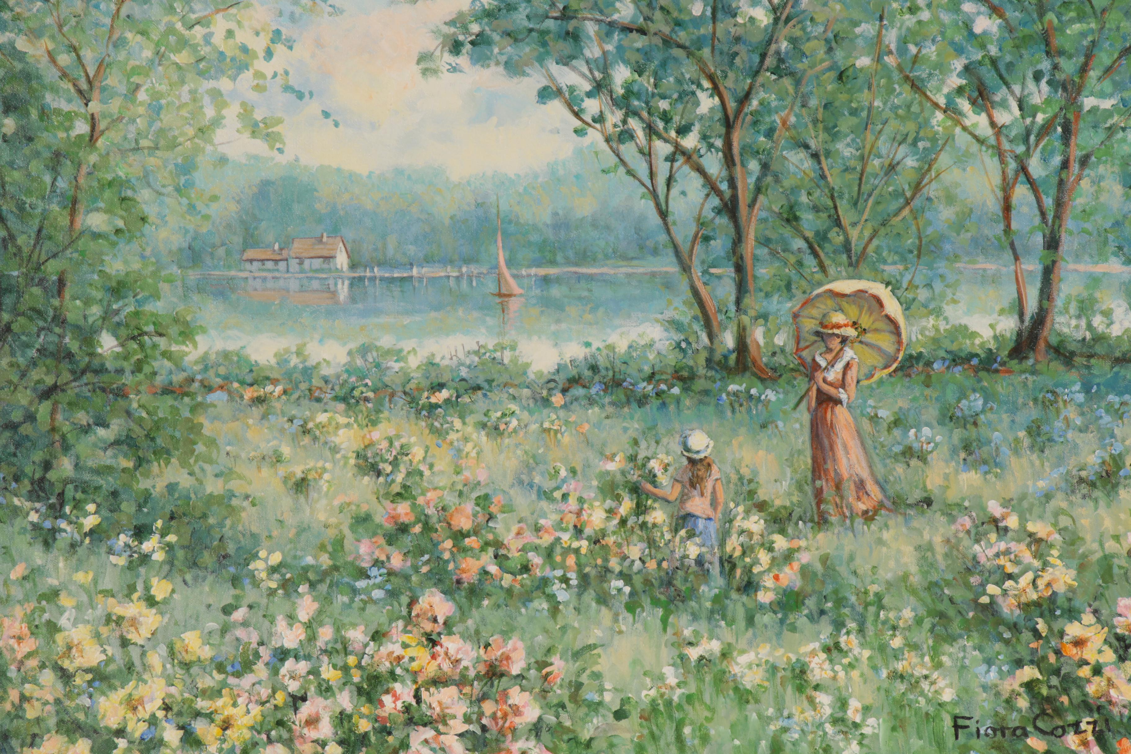 Fiora Cozzi Oil Painting of Garden Scene, Late 20th Century