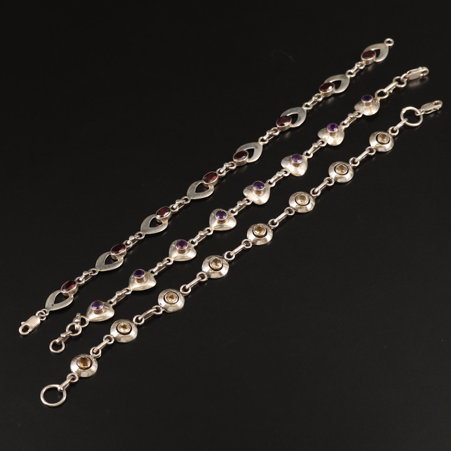Sterling Silver Link Bracelets with Amethyst, Garnet and Citrine