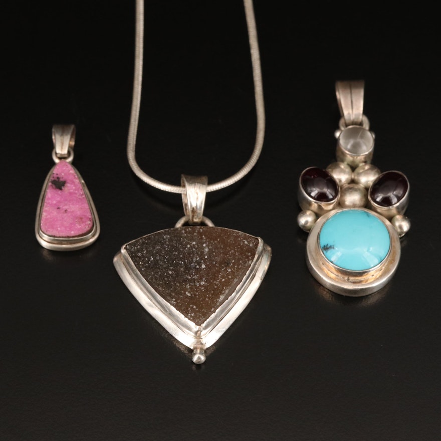 Sterling Necklace and Pendants Including Garnet, Druzy and Turquoise