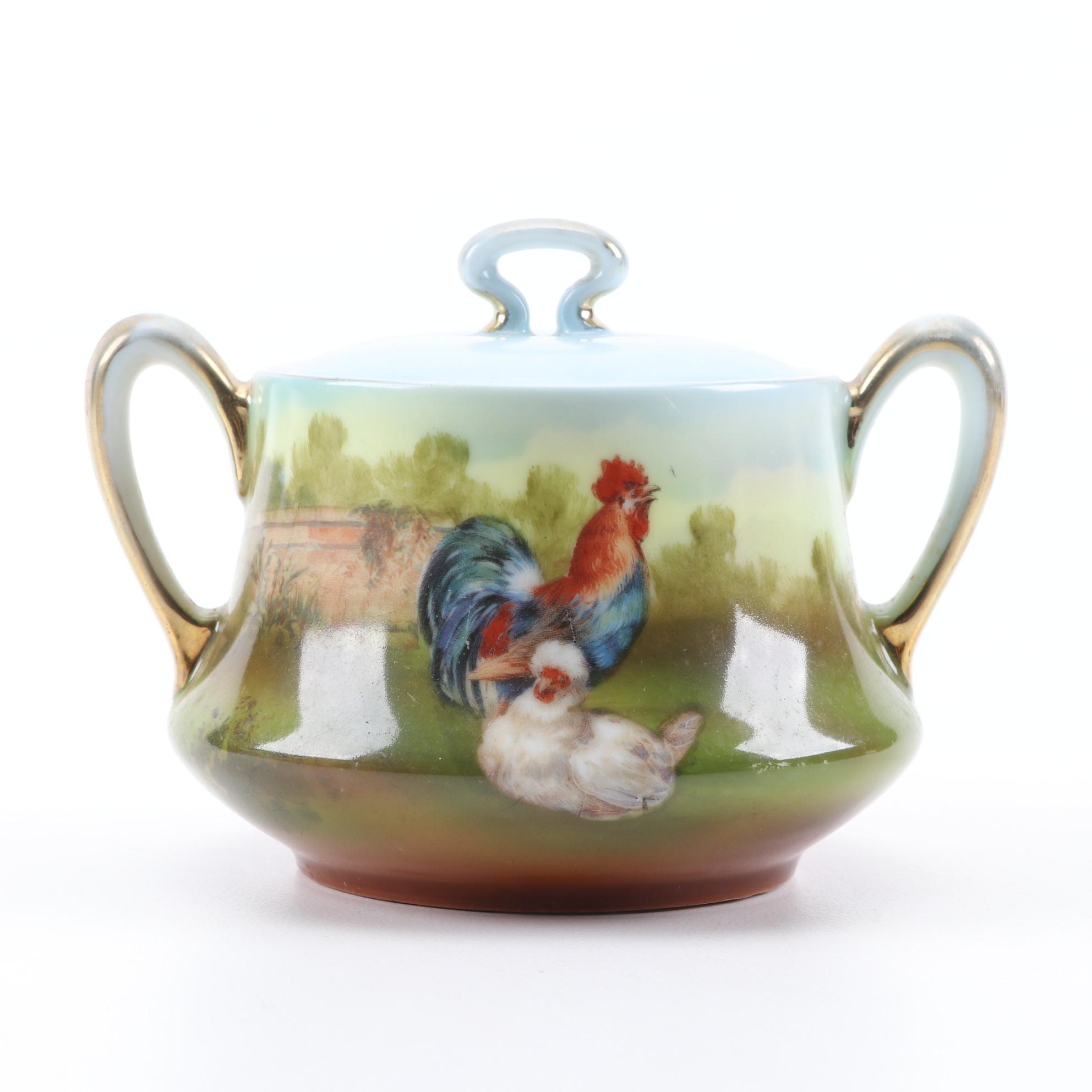 Royal Bayreuth Rooster Themed Porcelain Creamer and Sugar, Early 20th C.