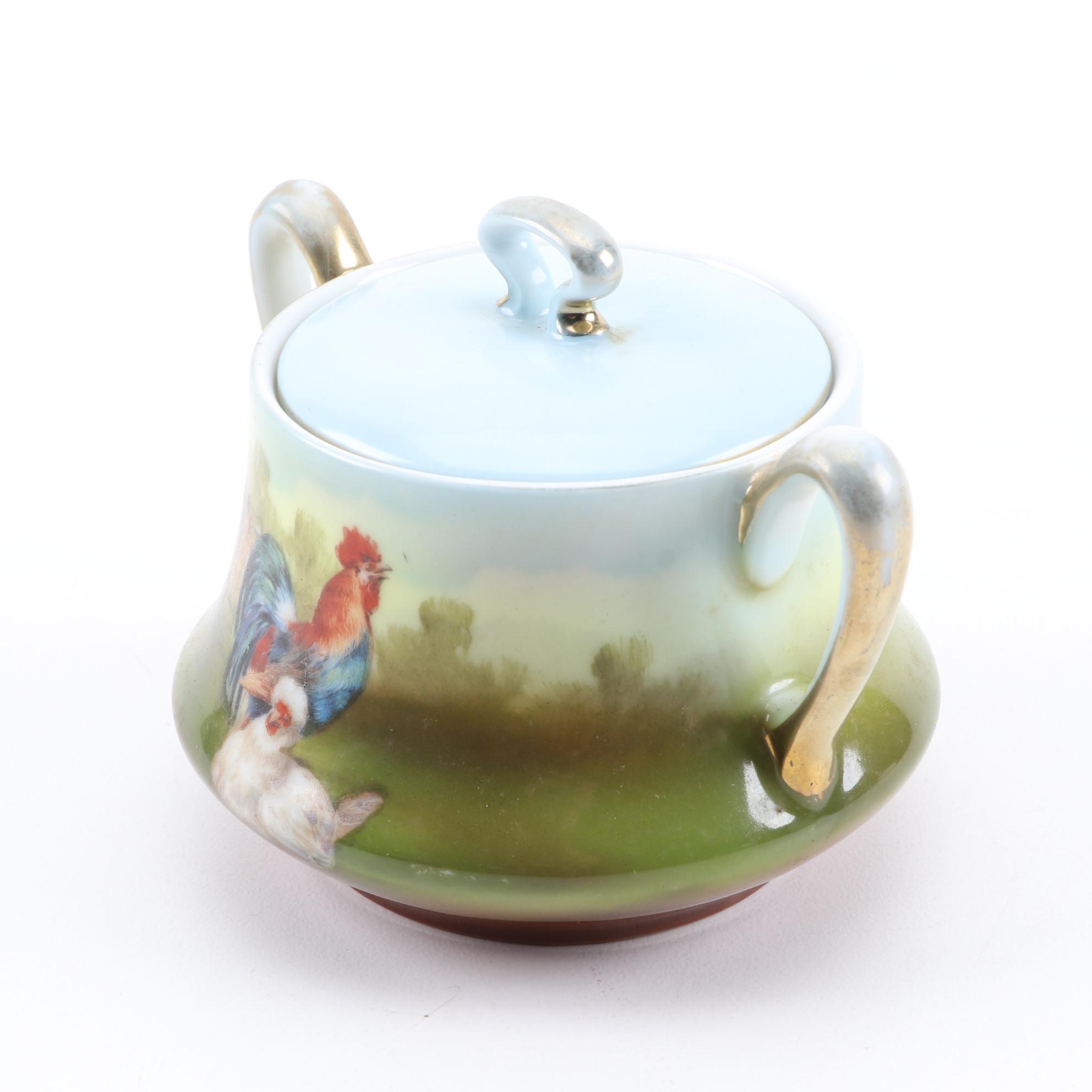 Royal Bayreuth Rooster Themed Porcelain Creamer and Sugar, Early 20th C.