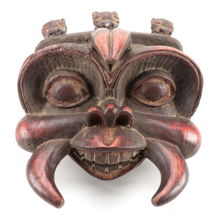 Bamileke Style Carved Wood Horned Headdress, Cameroon