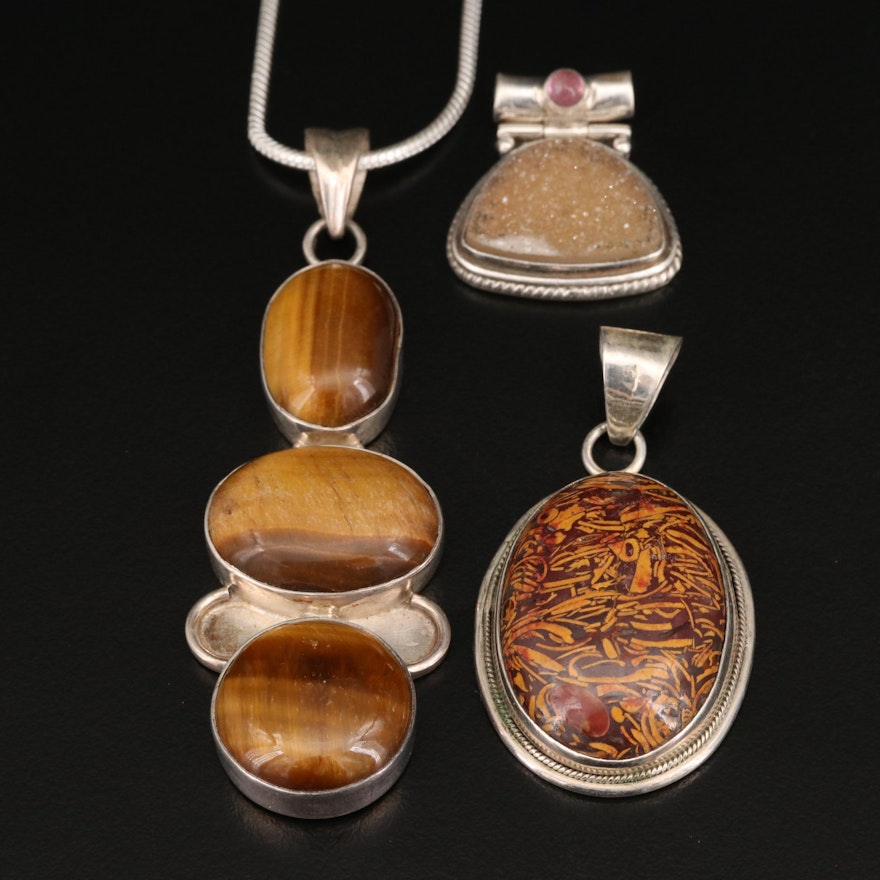 Sterling Pendants and Necklace Featuring Tiger's Eye, Jasper and Druzy