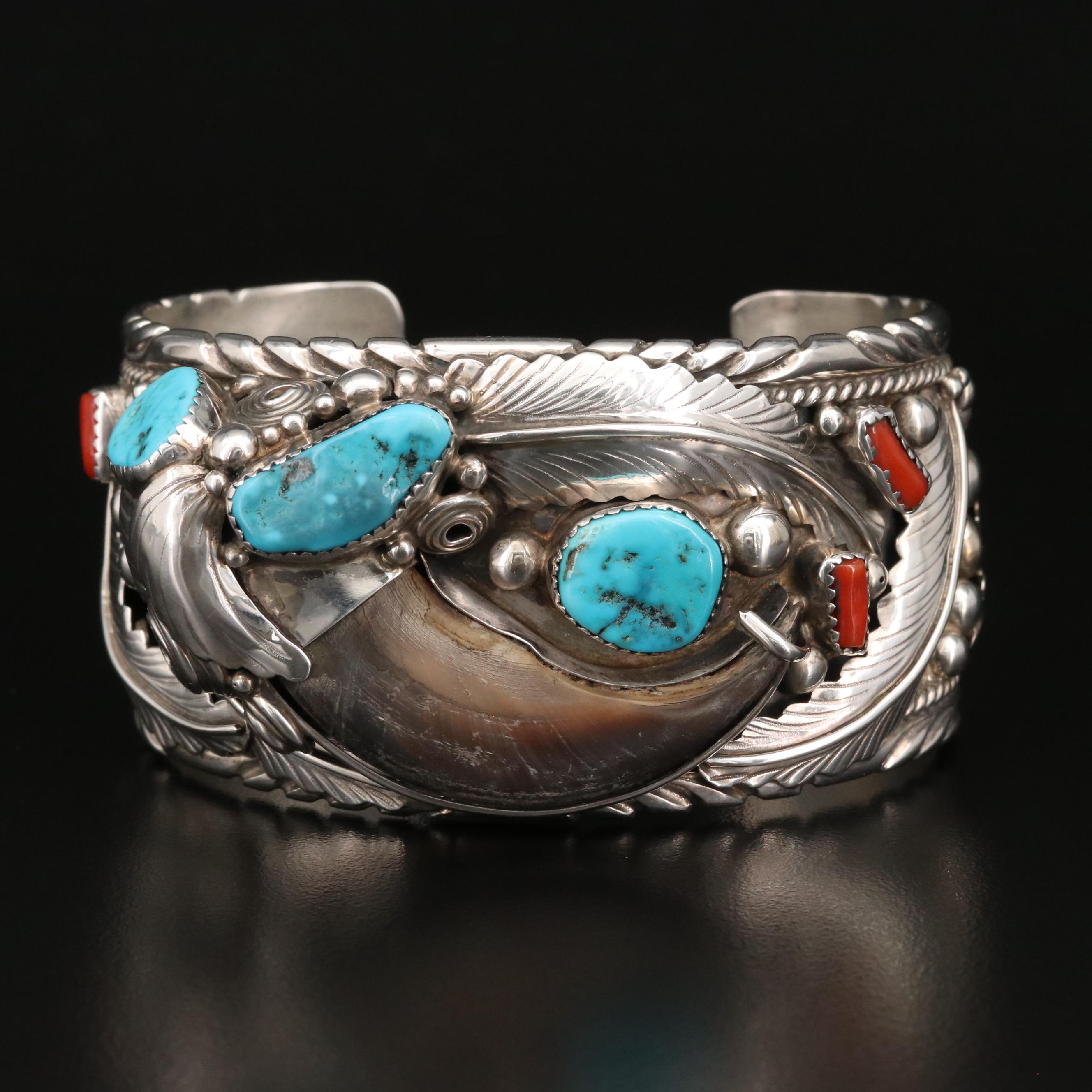 Elaine Sam Navajo Diné Sterling Coral and Turquoise Cuff with Bear Claw Accent
