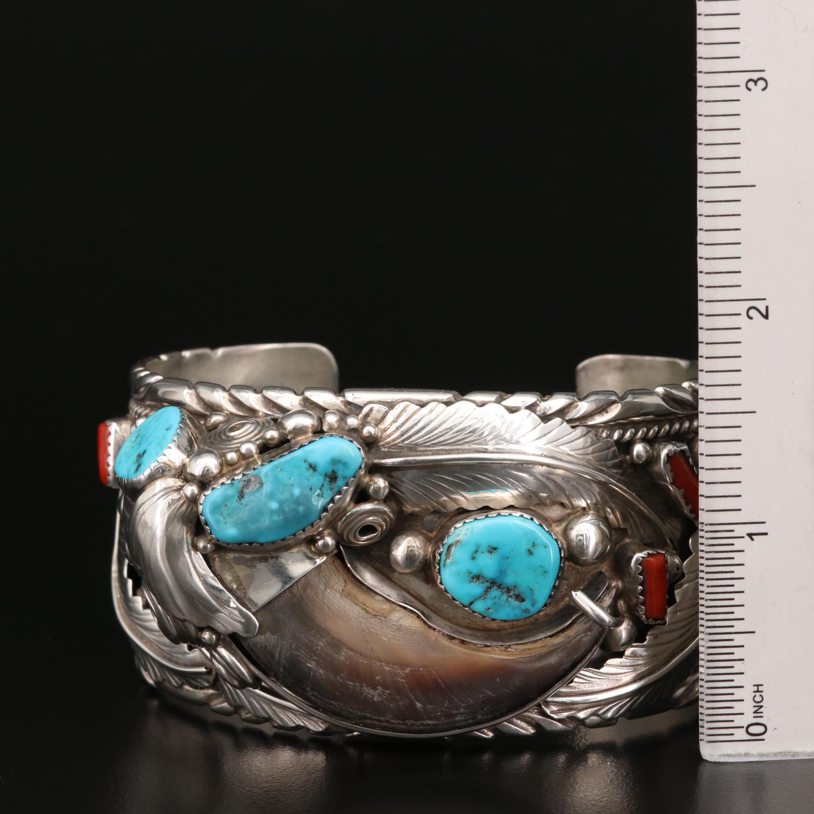 Elaine Sam Navajo Diné Sterling Coral and Turquoise Cuff with Bear Claw Accent