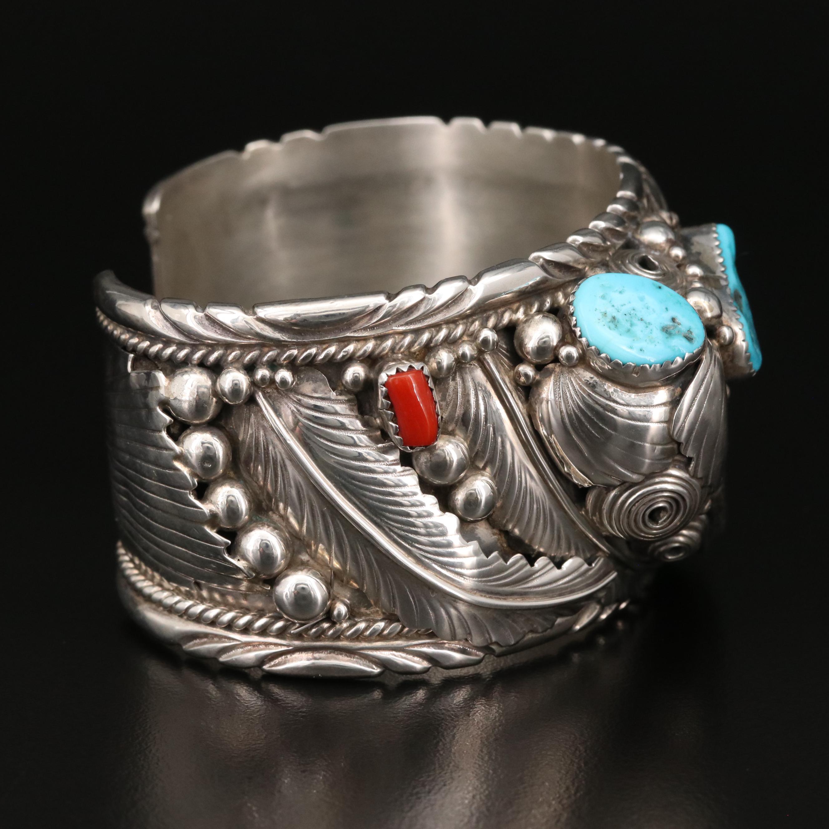 Elaine Sam Navajo Diné Sterling Coral and Turquoise Cuff with Bear Claw Accent
