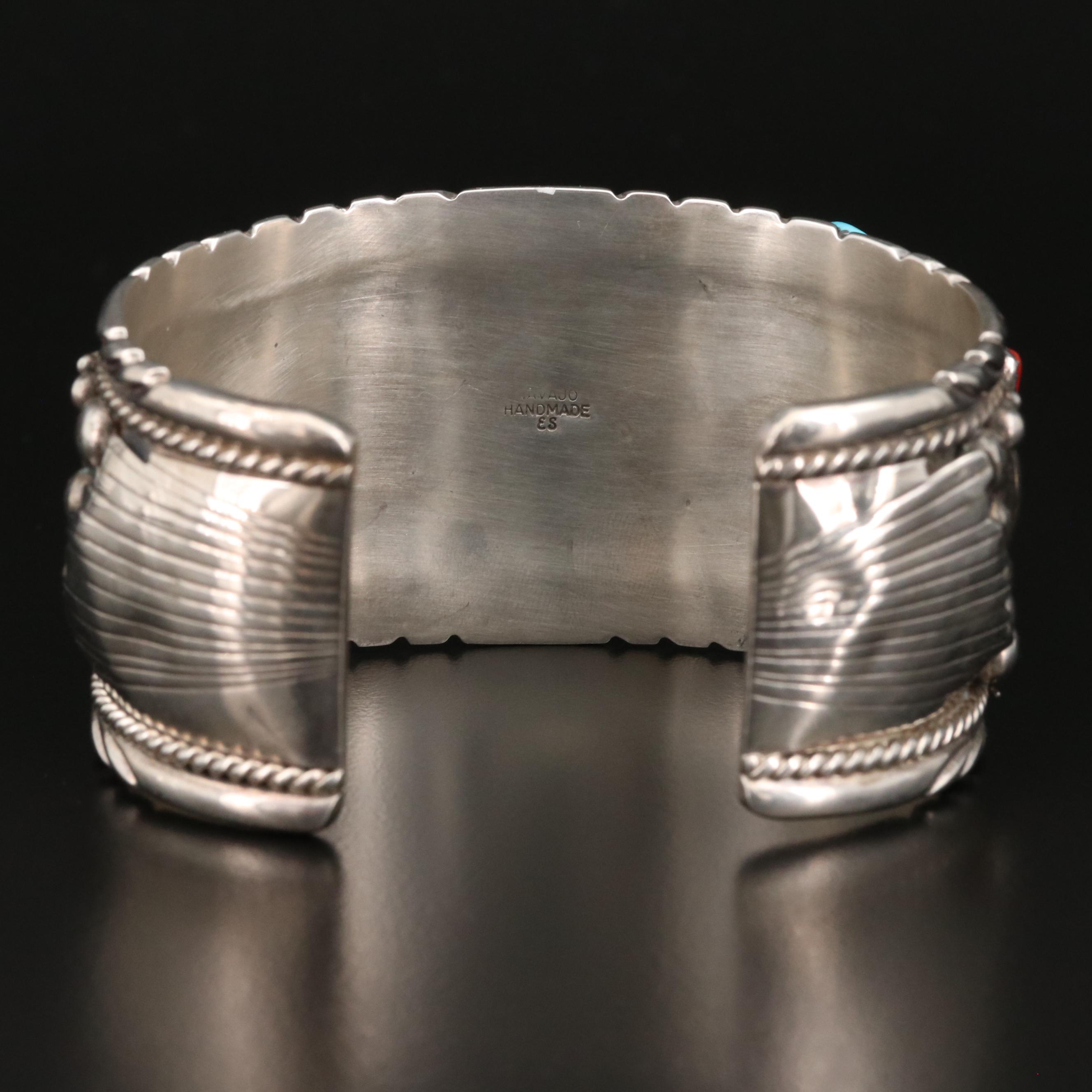 Elaine Sam Navajo Diné Sterling Coral and Turquoise Cuff with Bear Claw Accent