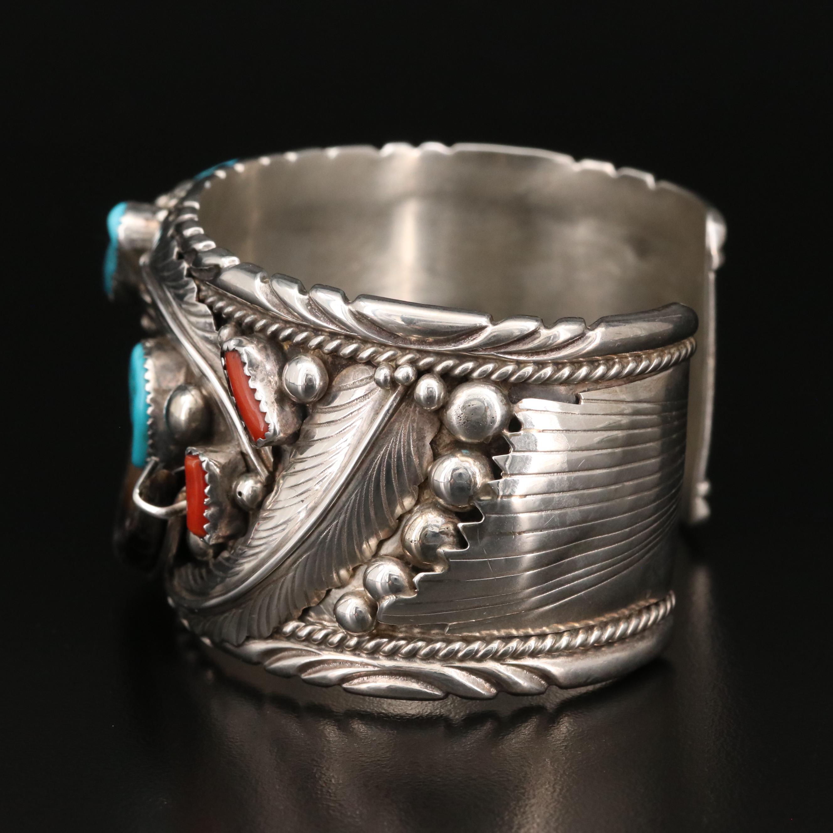 Elaine Sam Navajo Diné Sterling Coral and Turquoise Cuff with Bear Claw Accent