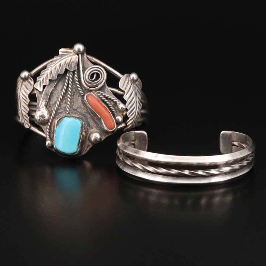 Southwestern Sterling Turquoise and Coral Applique and Twisted Wire Cuffs