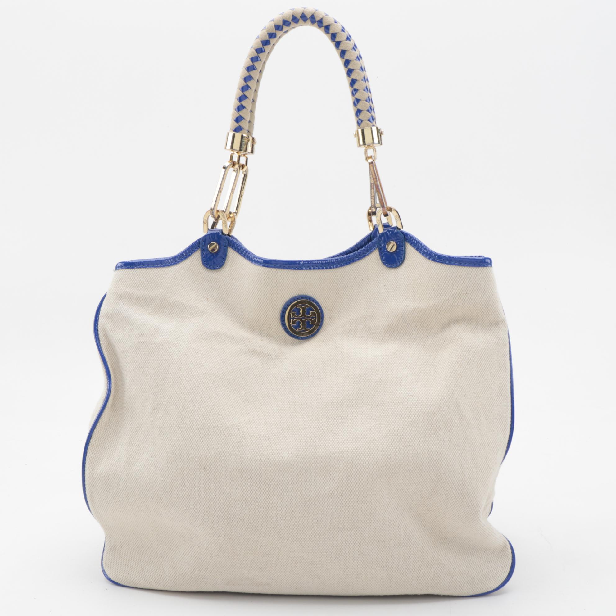 Tory Burch Tote in Natural Canvas and Blue Patent Leather