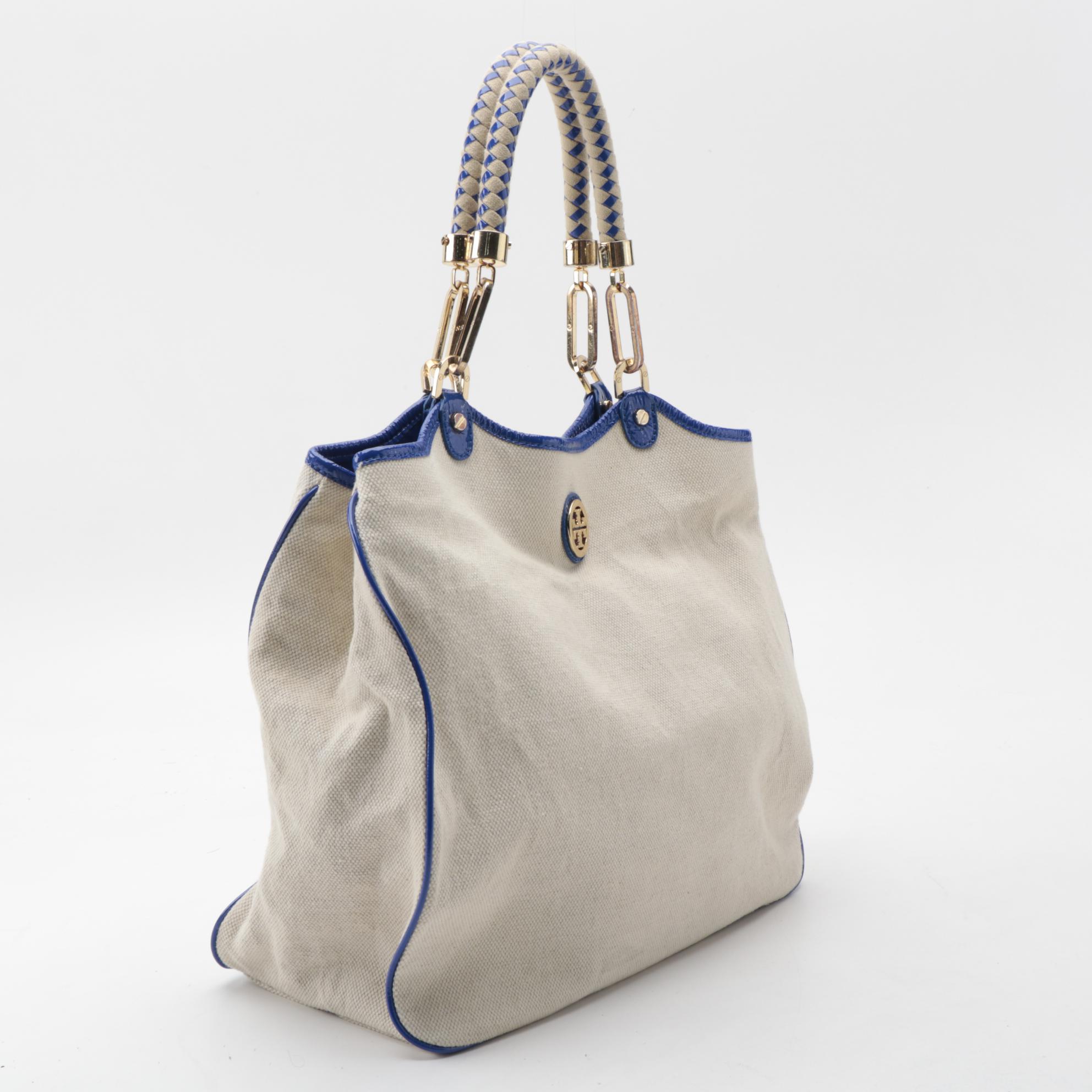 Tory Burch Tote in Natural Canvas and Blue Patent Leather