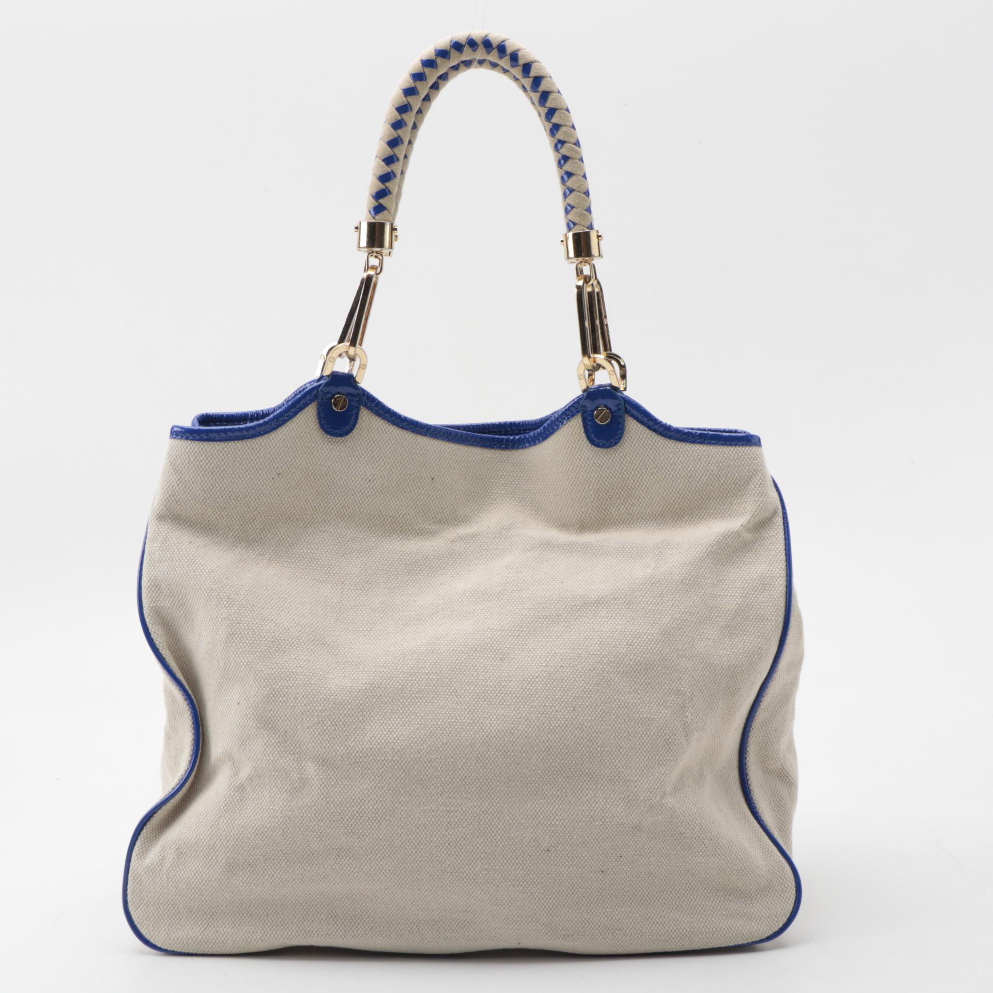 Tory Burch Tote in Natural Canvas and Blue Patent Leather